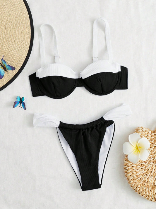 Swim Summer Beach Color Block Underwire Bikini Set