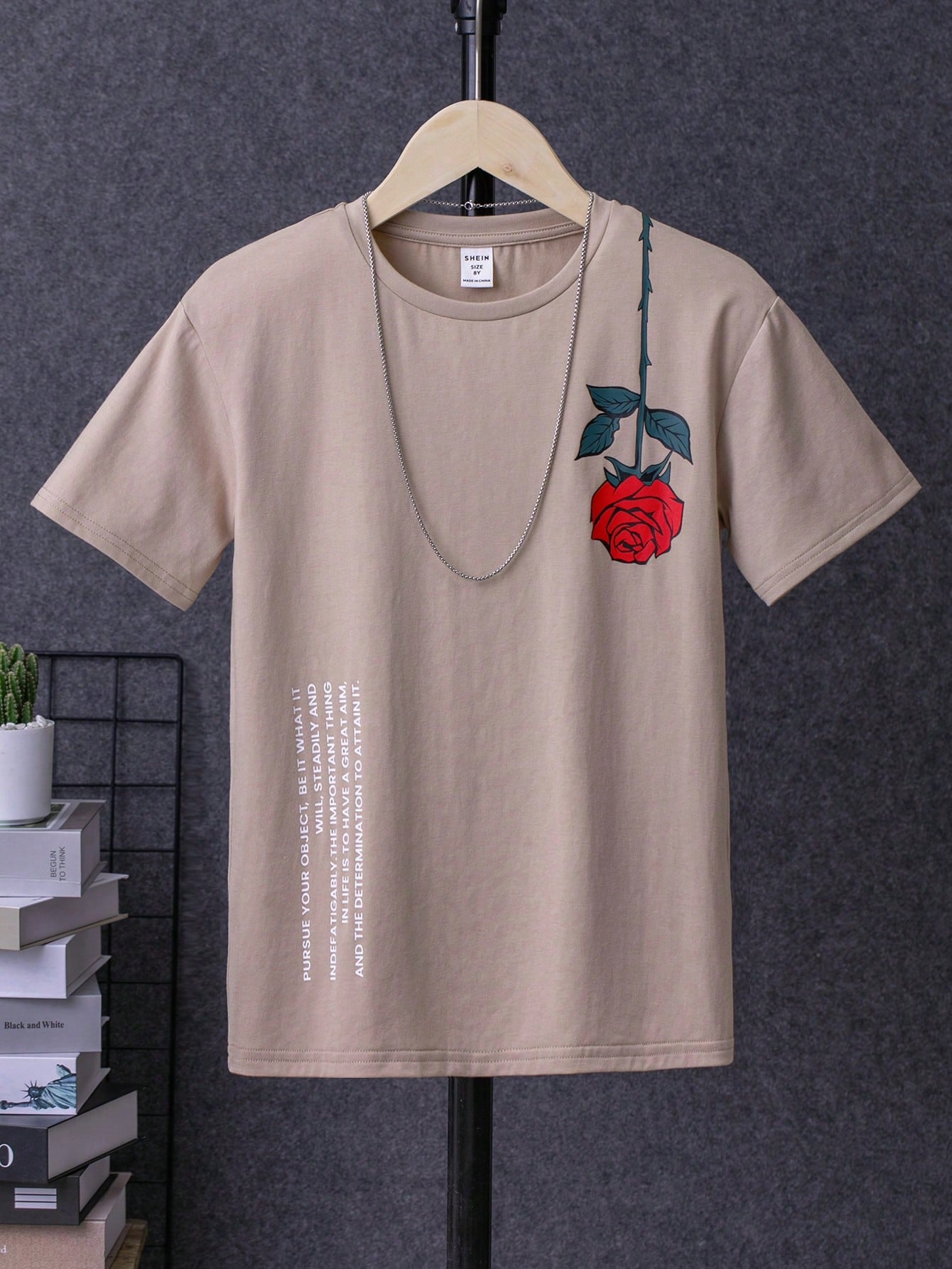 Minimalist Flower & Letter Printed Knit Comfortable Loose Fit Casual T-Shirt For Tween Boys