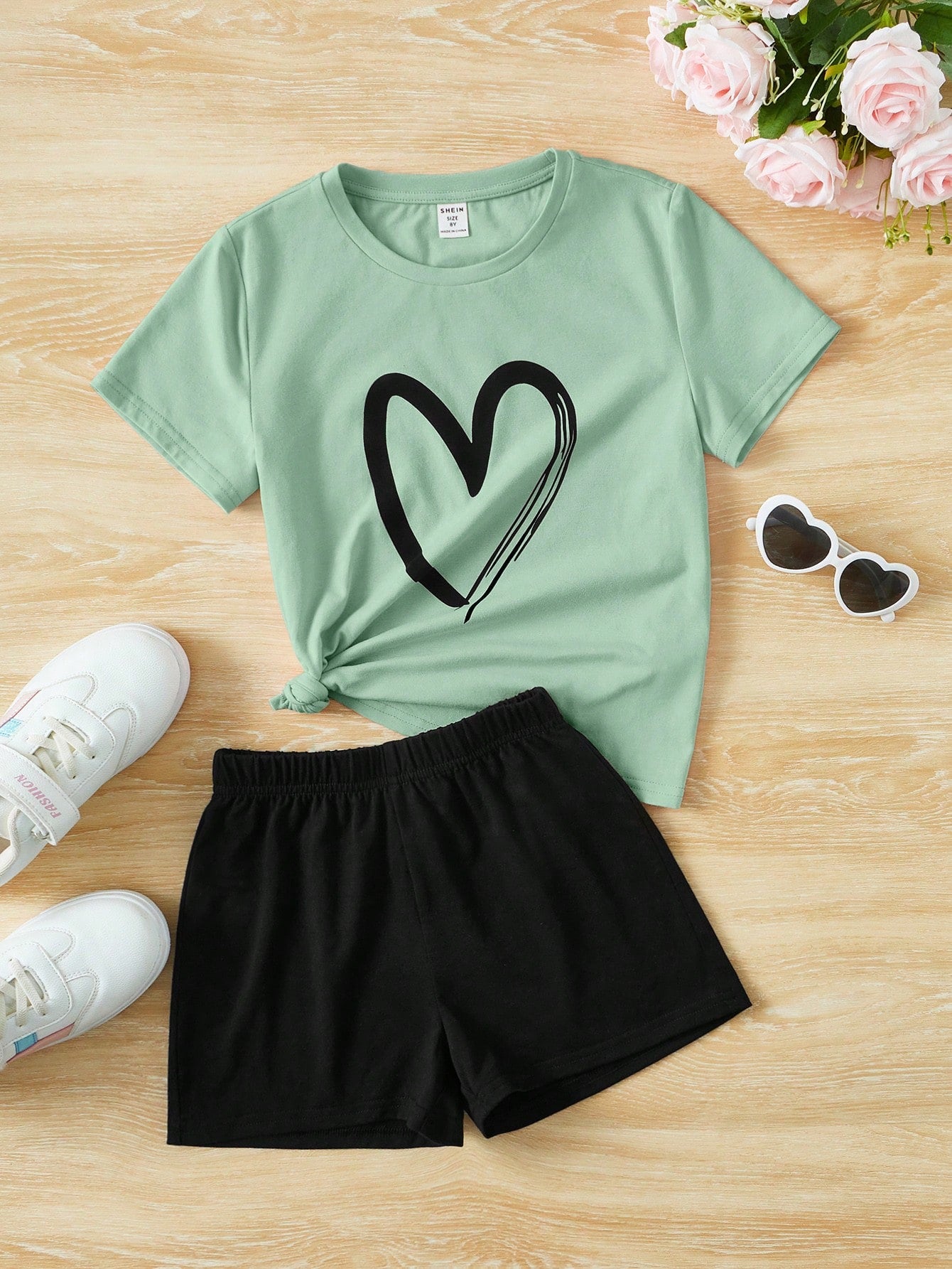 Tween Girl Solid Color Casual 2pcs Heart Printed T-Shirt And Shorts Set