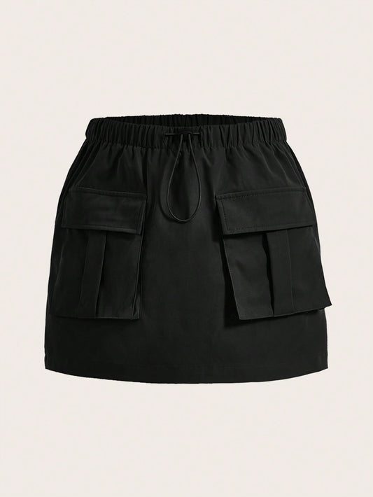 Solid Color Drawstring Waist A-Line Work Skirt With Flap Pockets