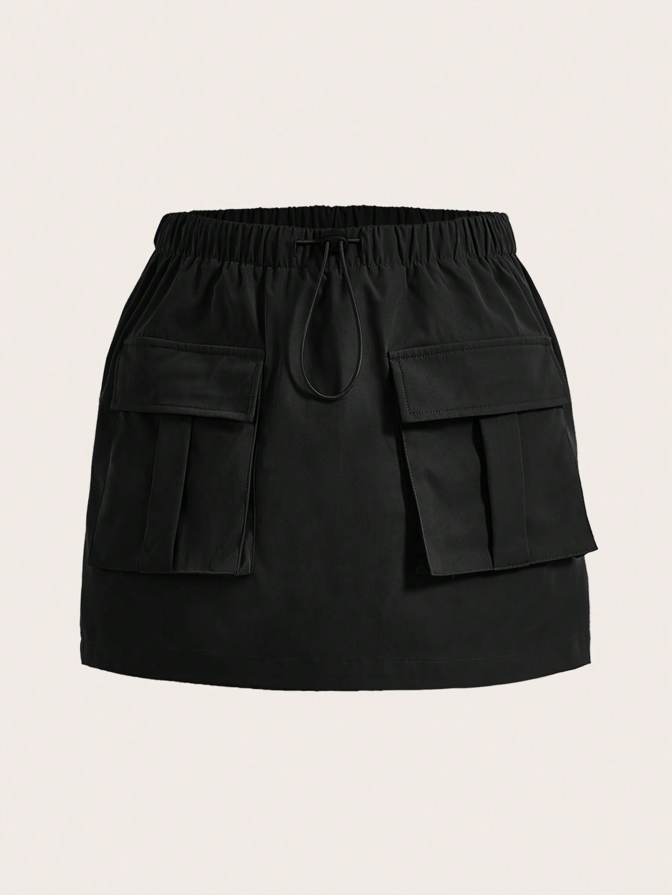 Solid Color Flap Pocket Drawstring Waist Cargo Skirt