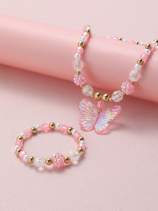 1pc Girls Butterfly Decor PMMA Beaded Necklace & 1 Beaded Bracelet For Daily Decoration