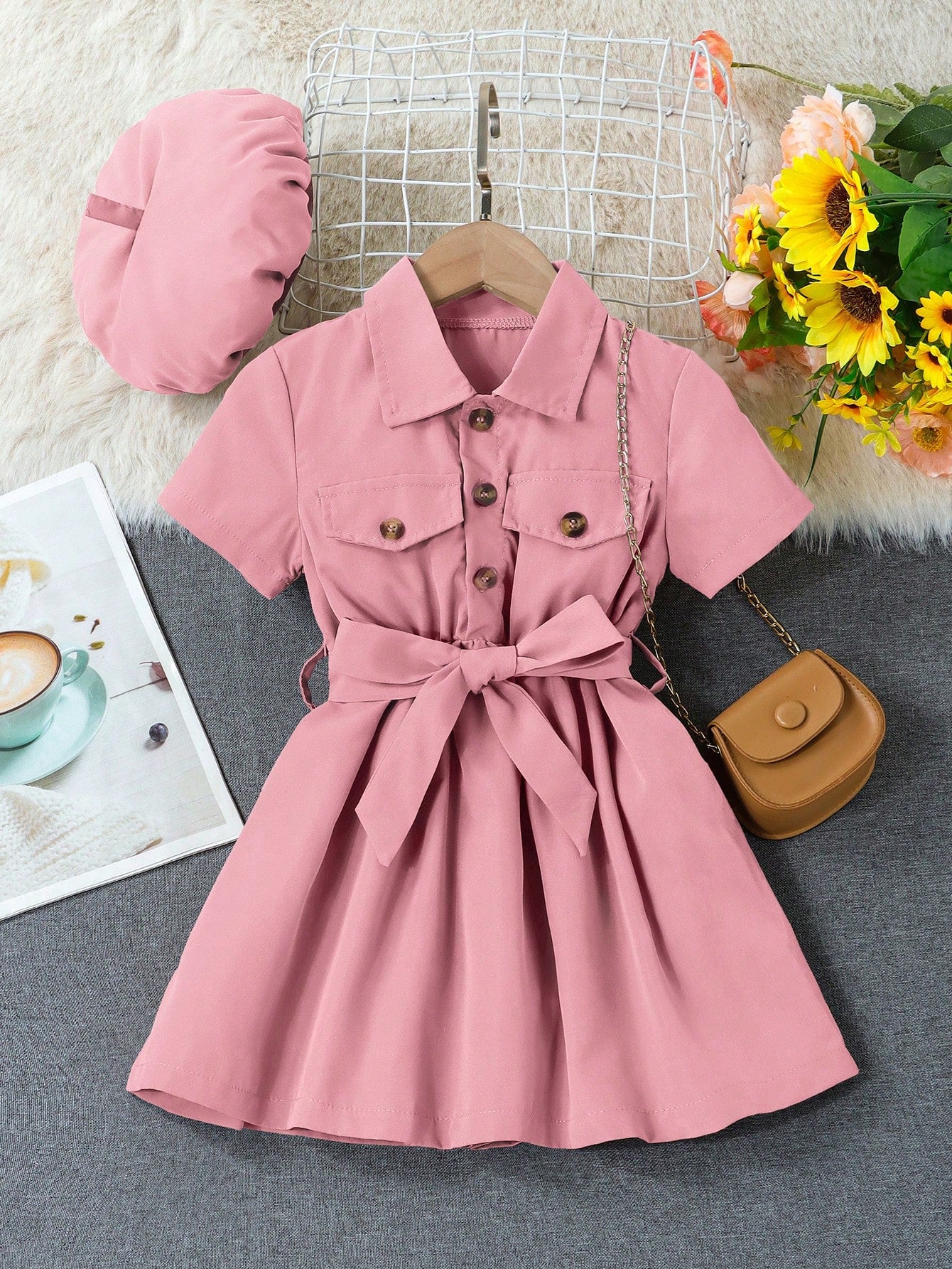 Young Girl Flap Detail Belted Shirt Dress & Accessory Hat Without Bag