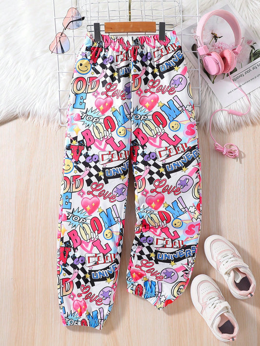 Tween Girl Letter & Heart Print Sweatpants