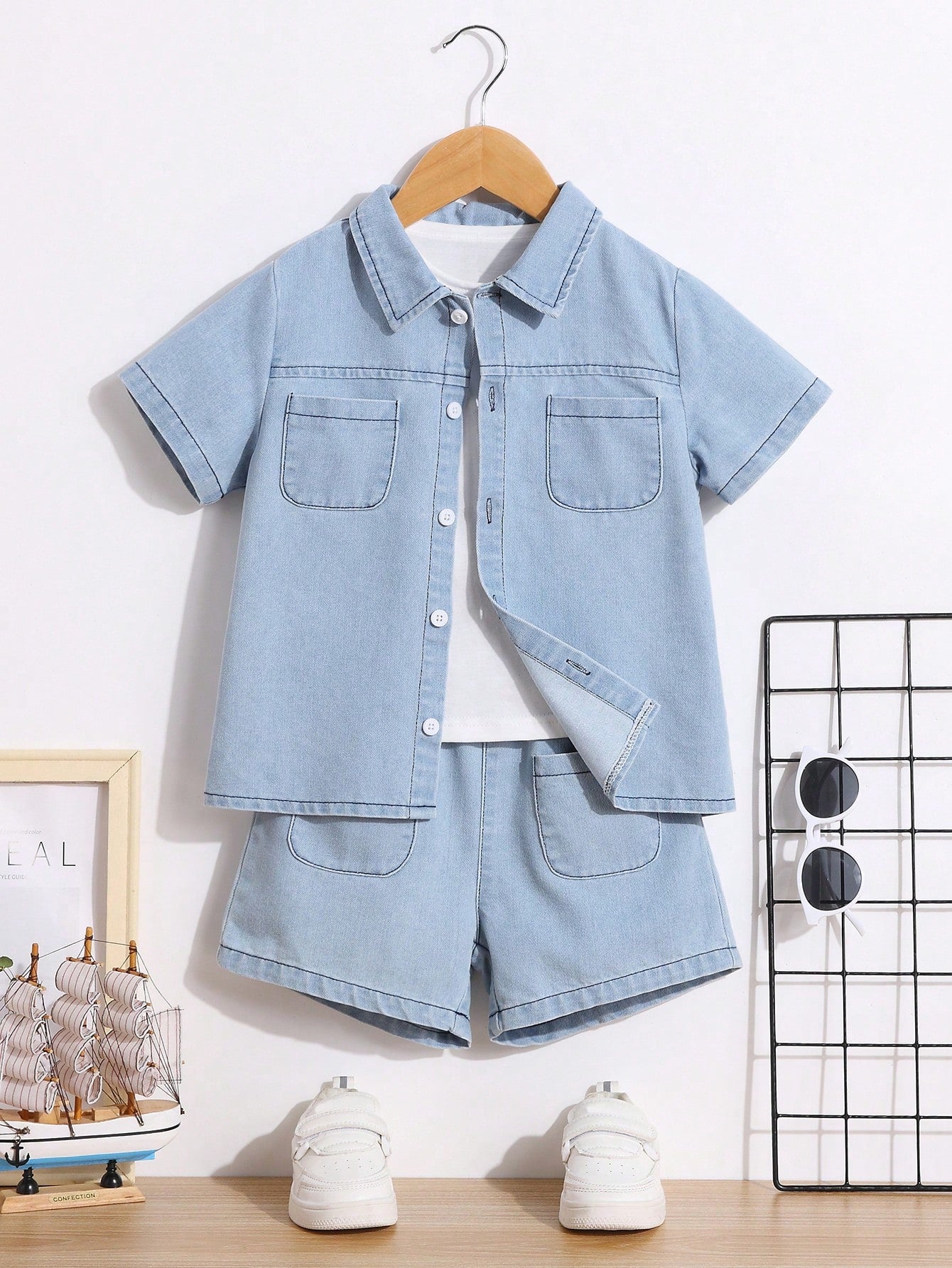 Young Boy Pocket Denim Shirt & Denim Shorts Without Tee