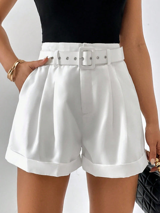 High Waist Plicated Detail Roll Hem Belted Wide Leg Short Shorts