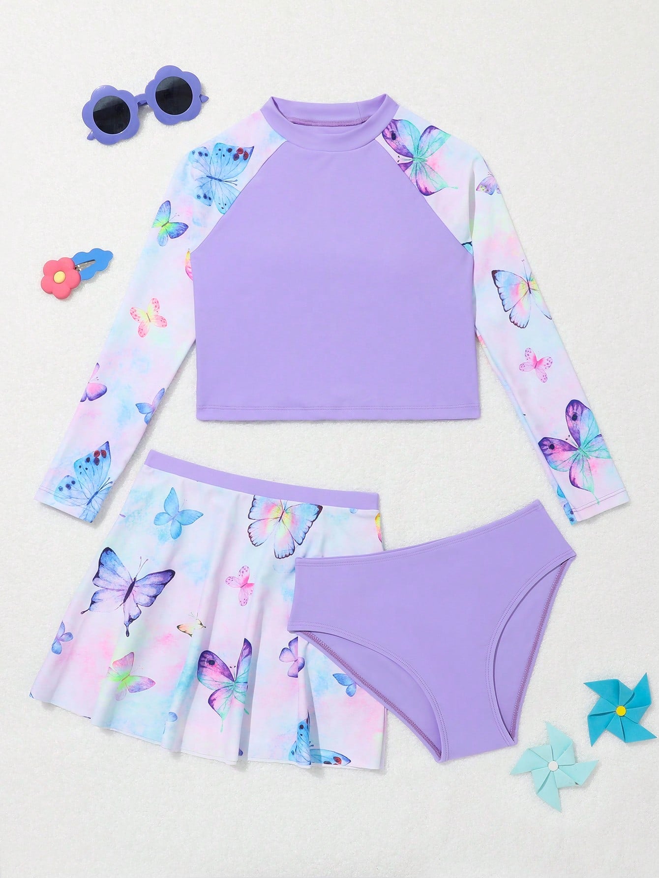 Tween Girl Butterfly Print High Neck Bikini Swimsuit With Beach Skirt