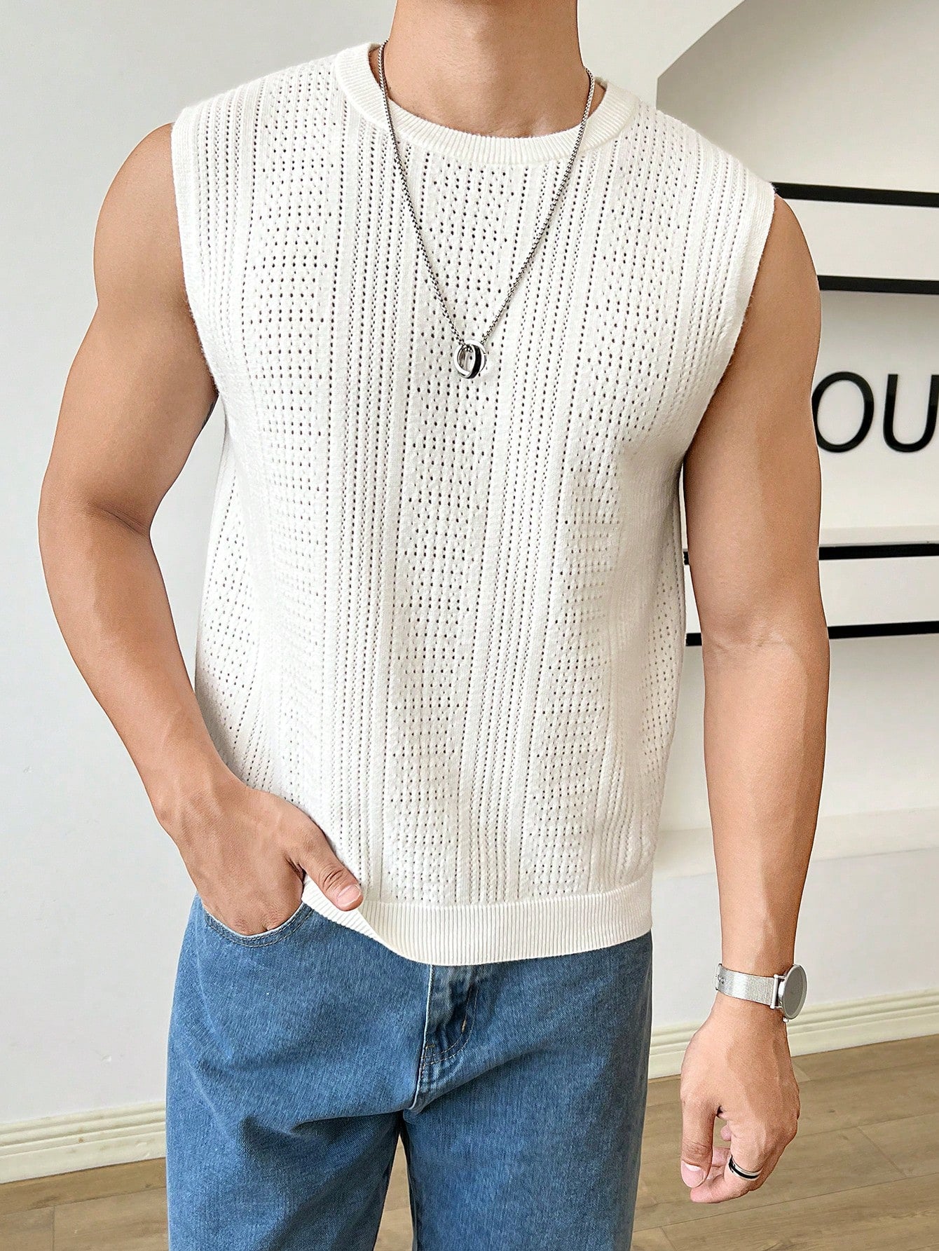 Men Solid Pointelle Knit Sweater Vest