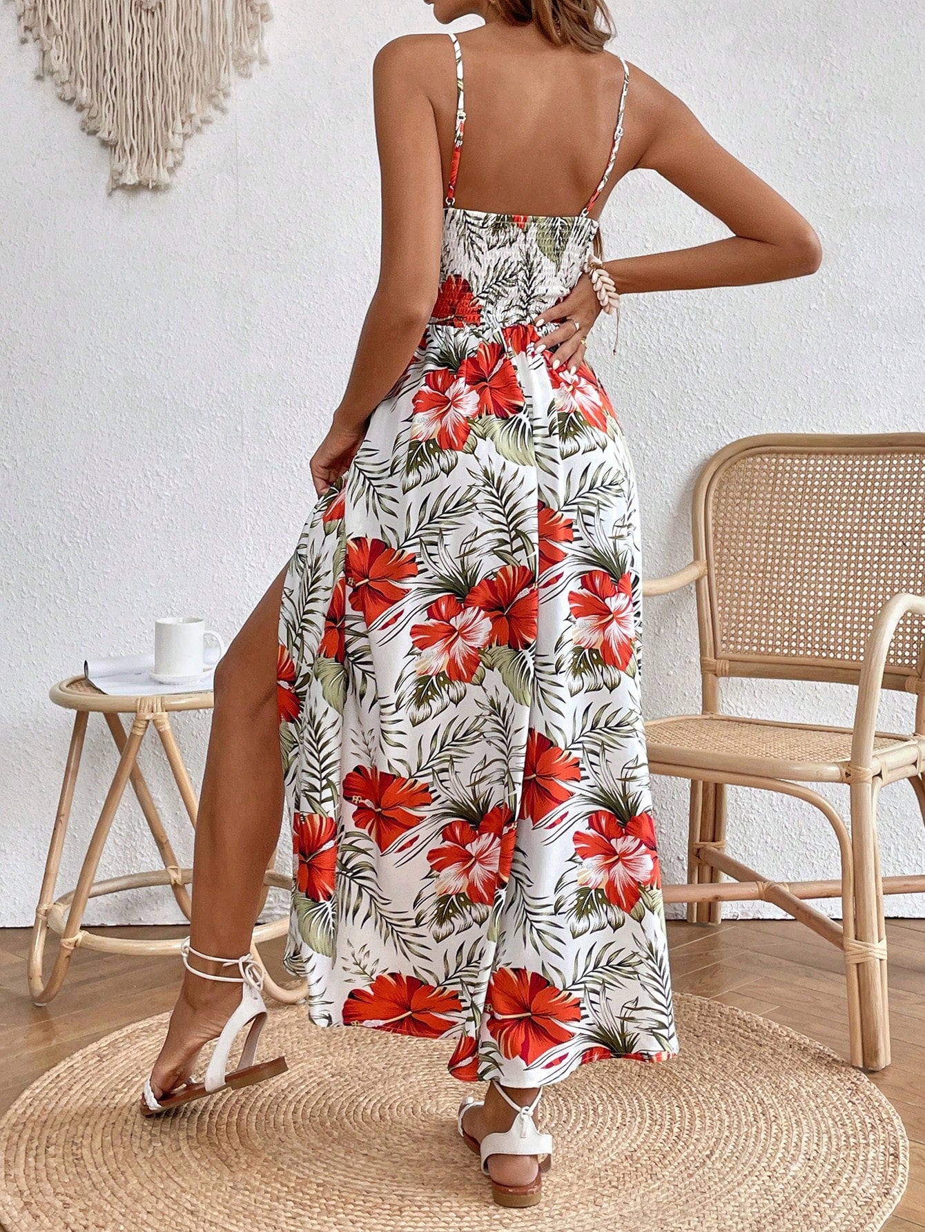 Tropical Print Lace Spell Split Thigh Summer Cami Floral Beach Women Dresses