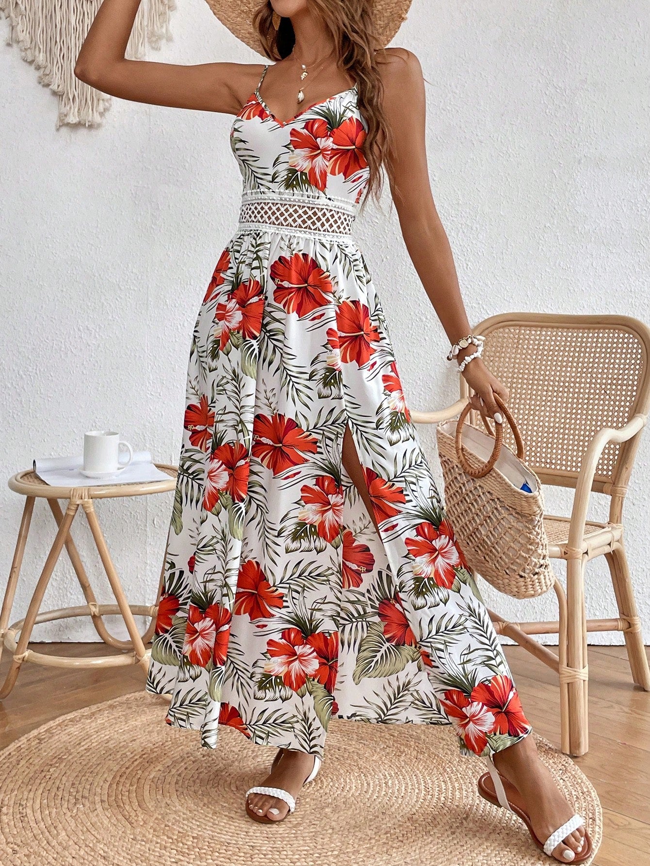 Tropical Print Lace Spell Split Thigh Summer Cami Floral Beach Women Dresses