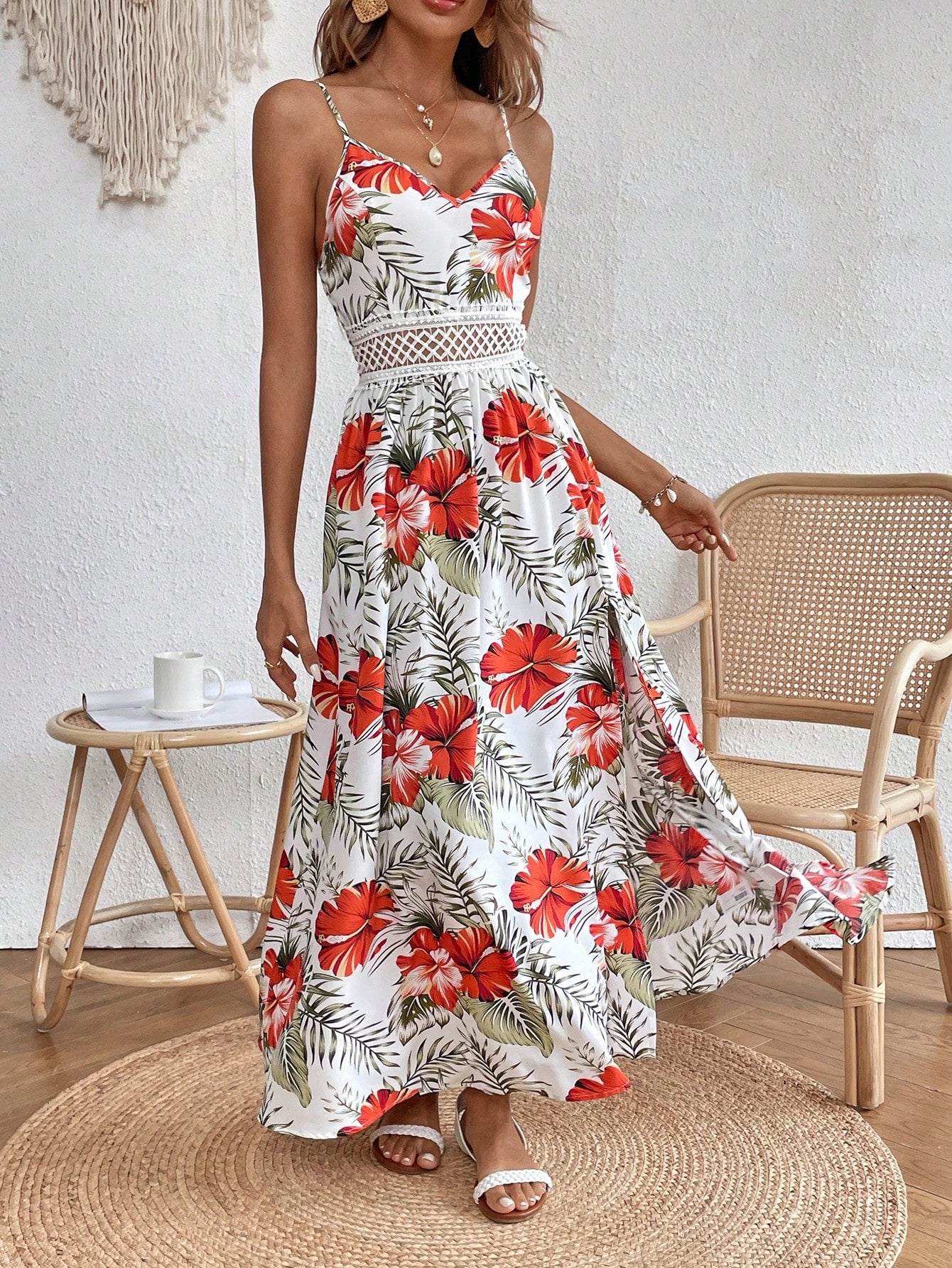 Tropical Print Lace Spell Split Thigh Summer Cami Floral Beach Women Dresses