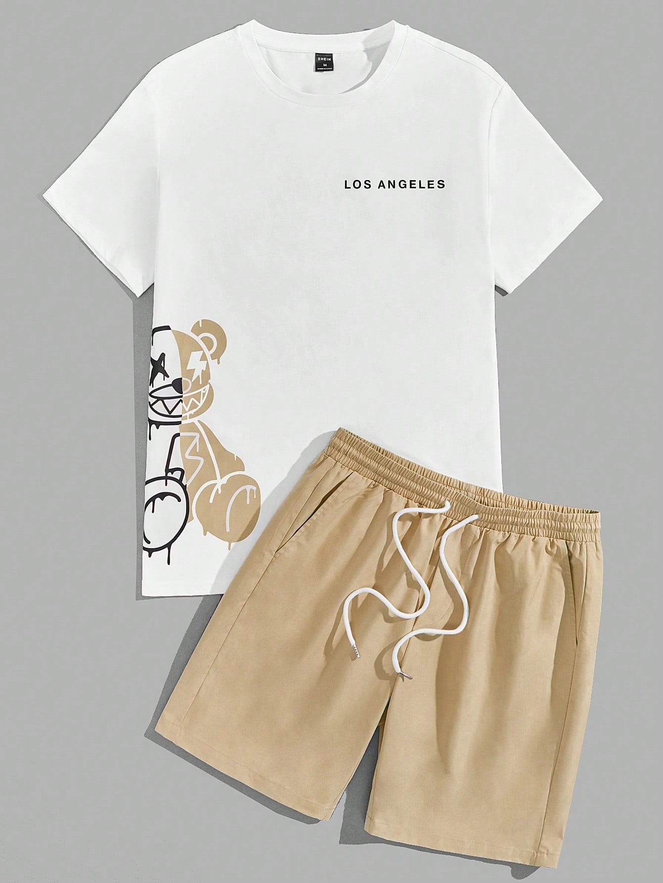 Men Bear & Letter Graphic Tee & Drawstring Waist Shorts