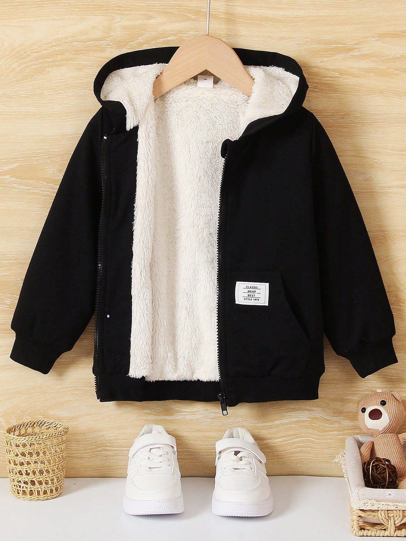 Young Boy Letter Patched Detail Teddy Lined Hooded Jacket