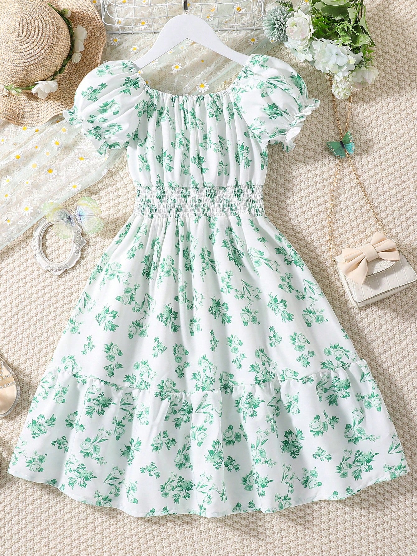 Tween Girl Floral Print Puff Sleeve Ruffle Hem Dress