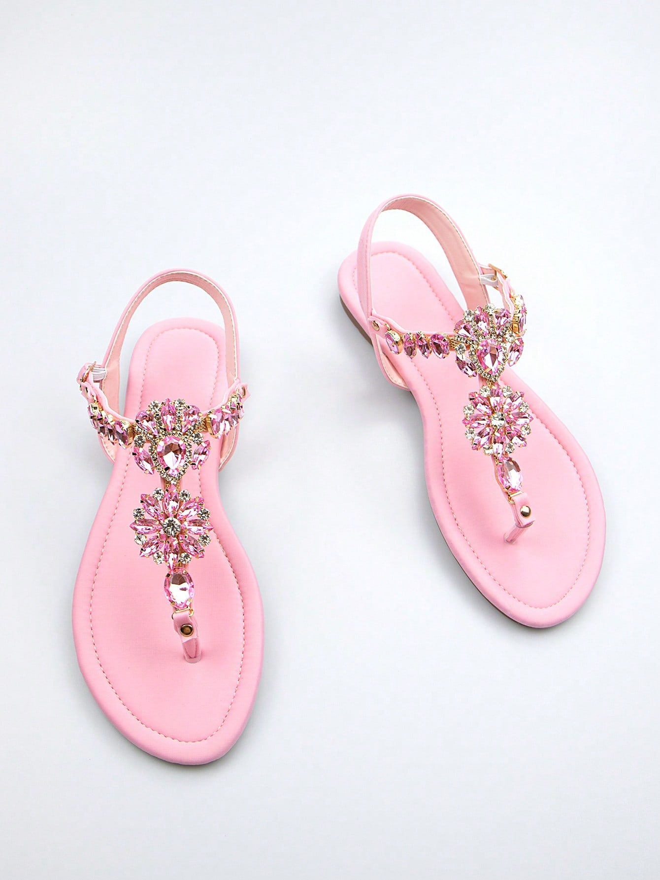 Ladies' Gorgeous Rhinestone Decorated Pink Lycra Fabric Toe-Clip Ankle Strap Round Toe Comfortable Flat Sandals For Daily & Party Wear