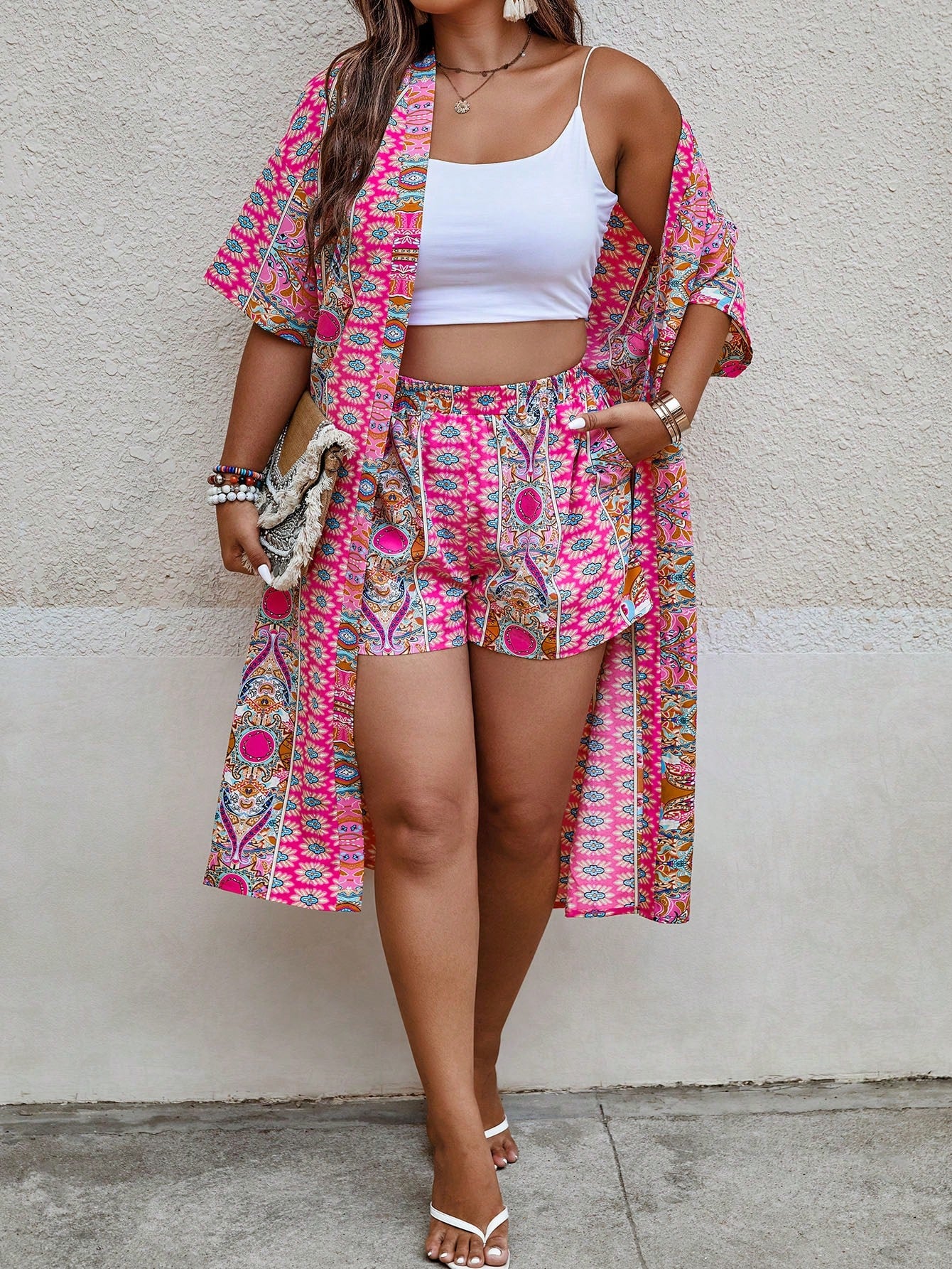 Plus Allover Print Kimono & Shorts