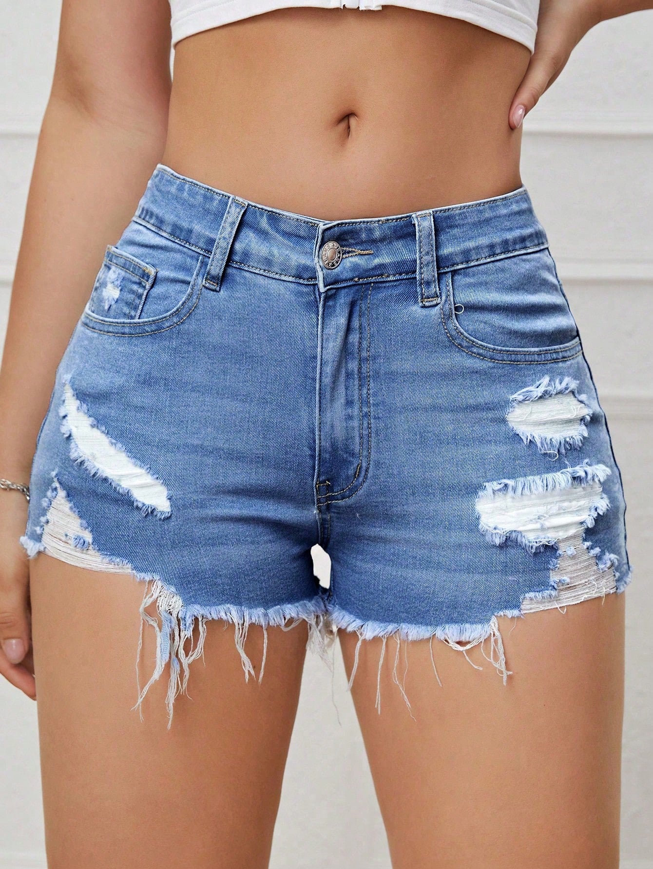 Ripped Raw Trim Denim Shorts