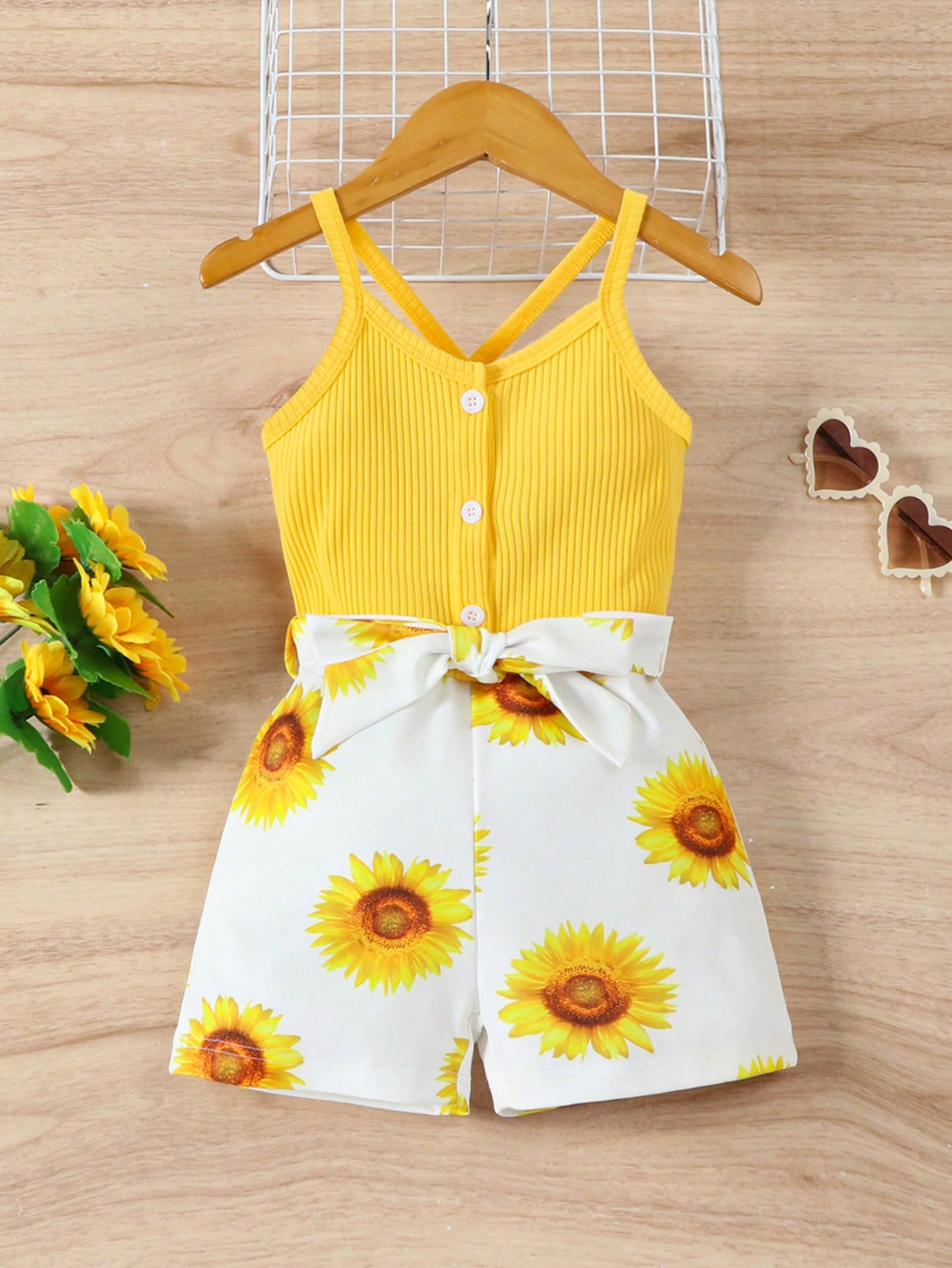 Young Girl Floral Print Criss Cross Belted Cami Romper