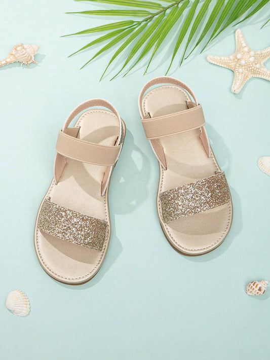 1pair Girls Glitter Single Band Ankle Strap Flat Sandals For Summer