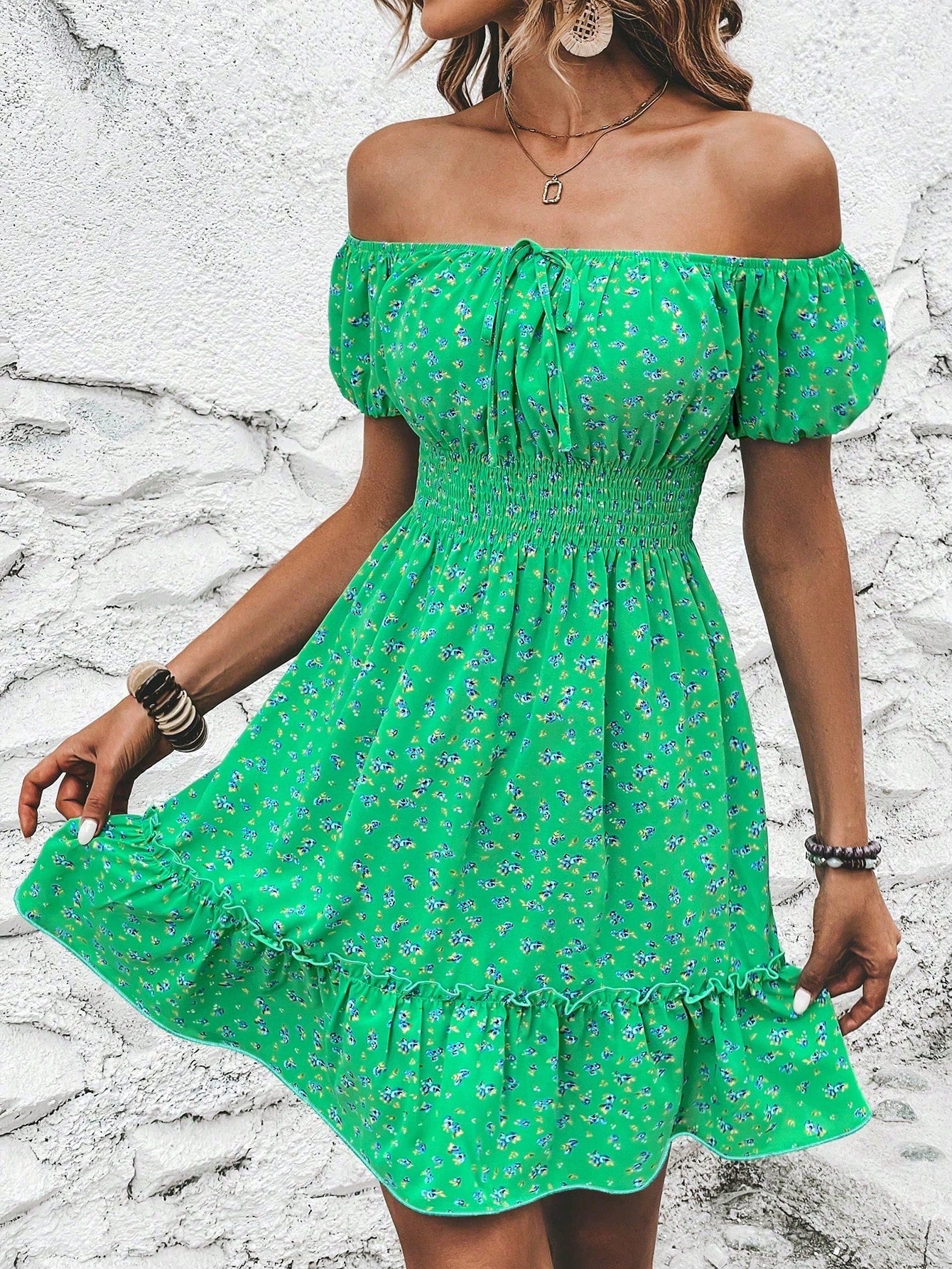 Frenchy Ditsy Floral Off Shoulder Tie Front Ruffle Hem Dress