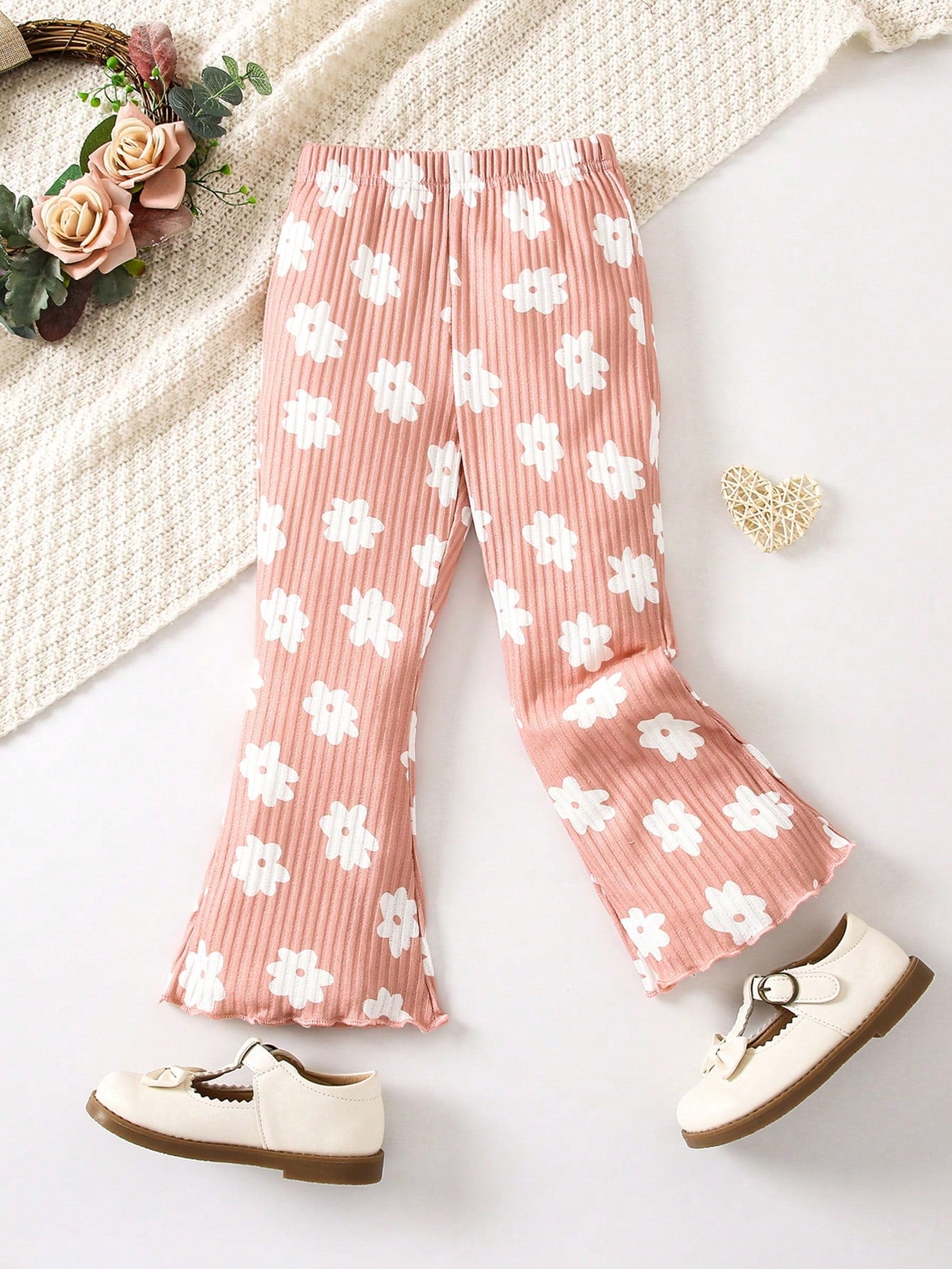 Young Girl Cartoon Flower Print Flare Pants