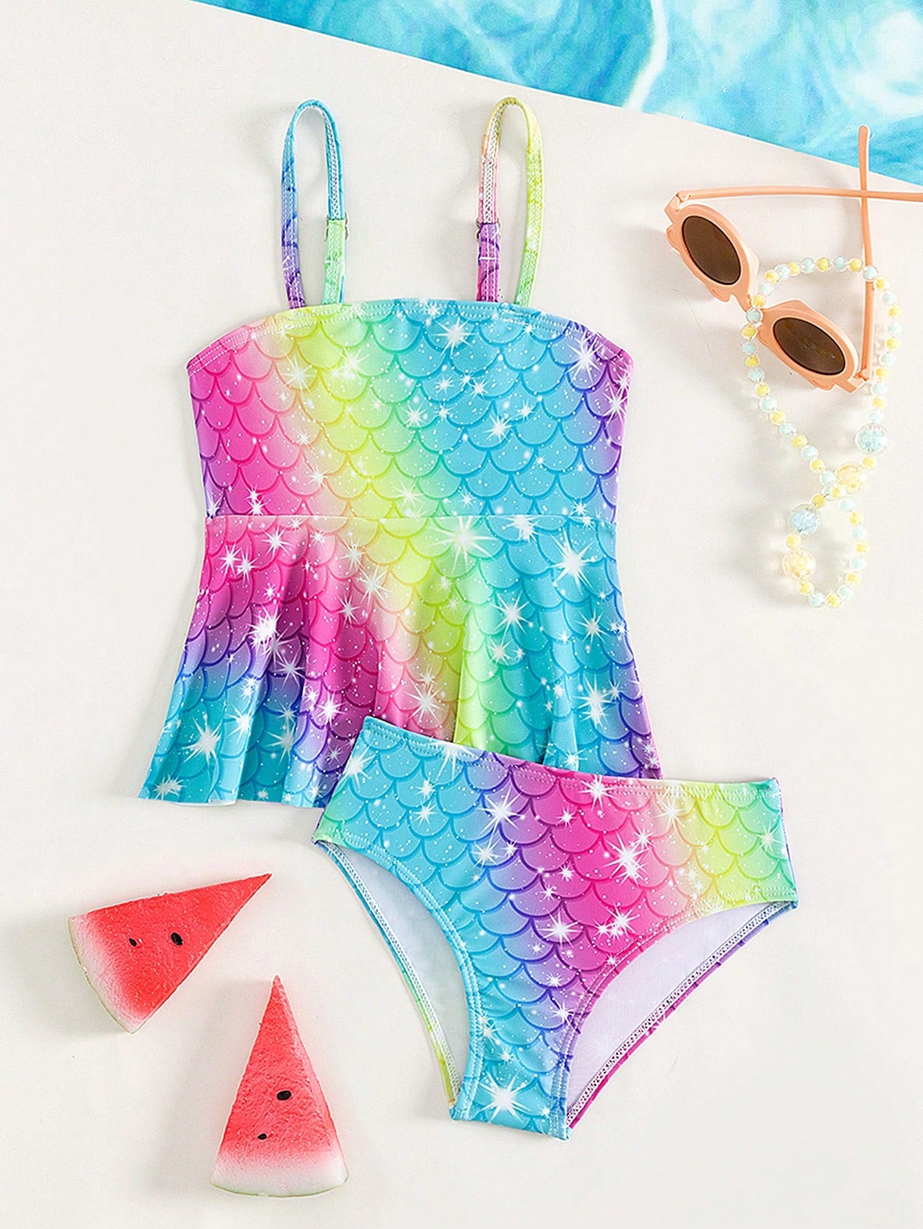 Young Girl Fish Scales Ombre Ruffle Hem Tankini Summer Beach