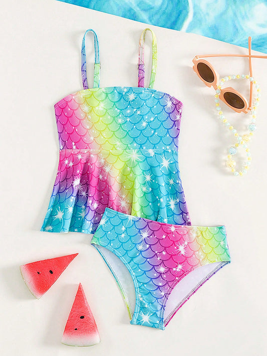 Young Girl Fish Scales Ombre Ruffle Hem Tankini Summer Beach