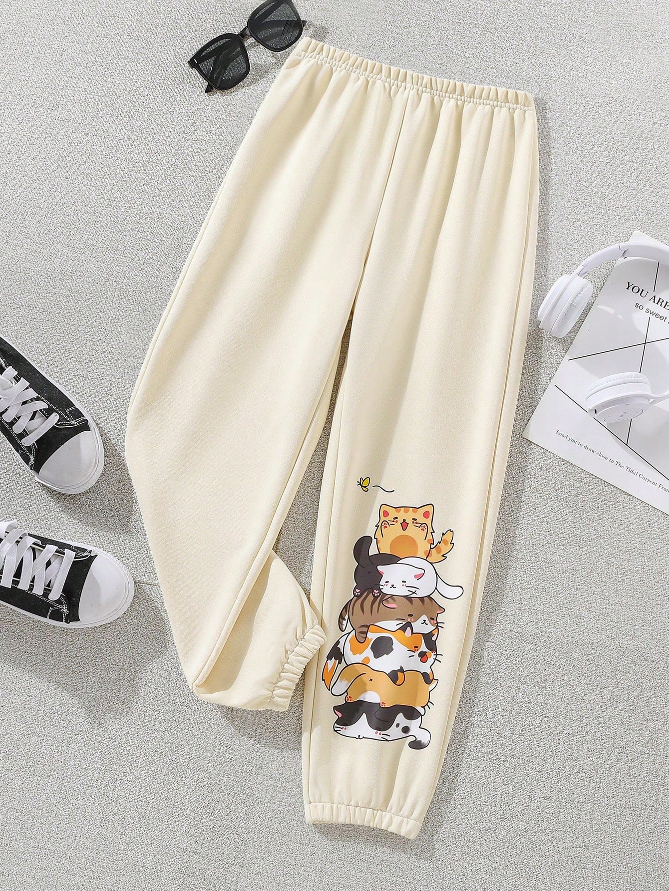 Tween Girl Casual Vacation & Sports Cute Multiple Stacked Cat Printed Jogger Pants With Cuffs