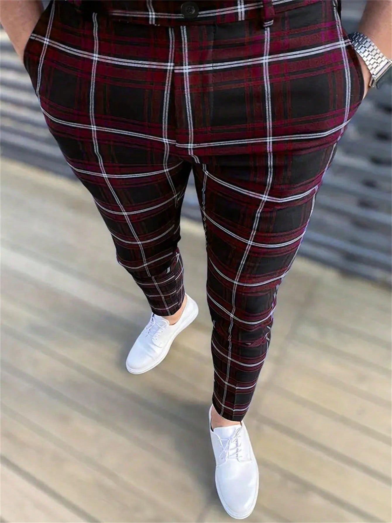 Men Plaid Print Slant Pocket Suit Pants