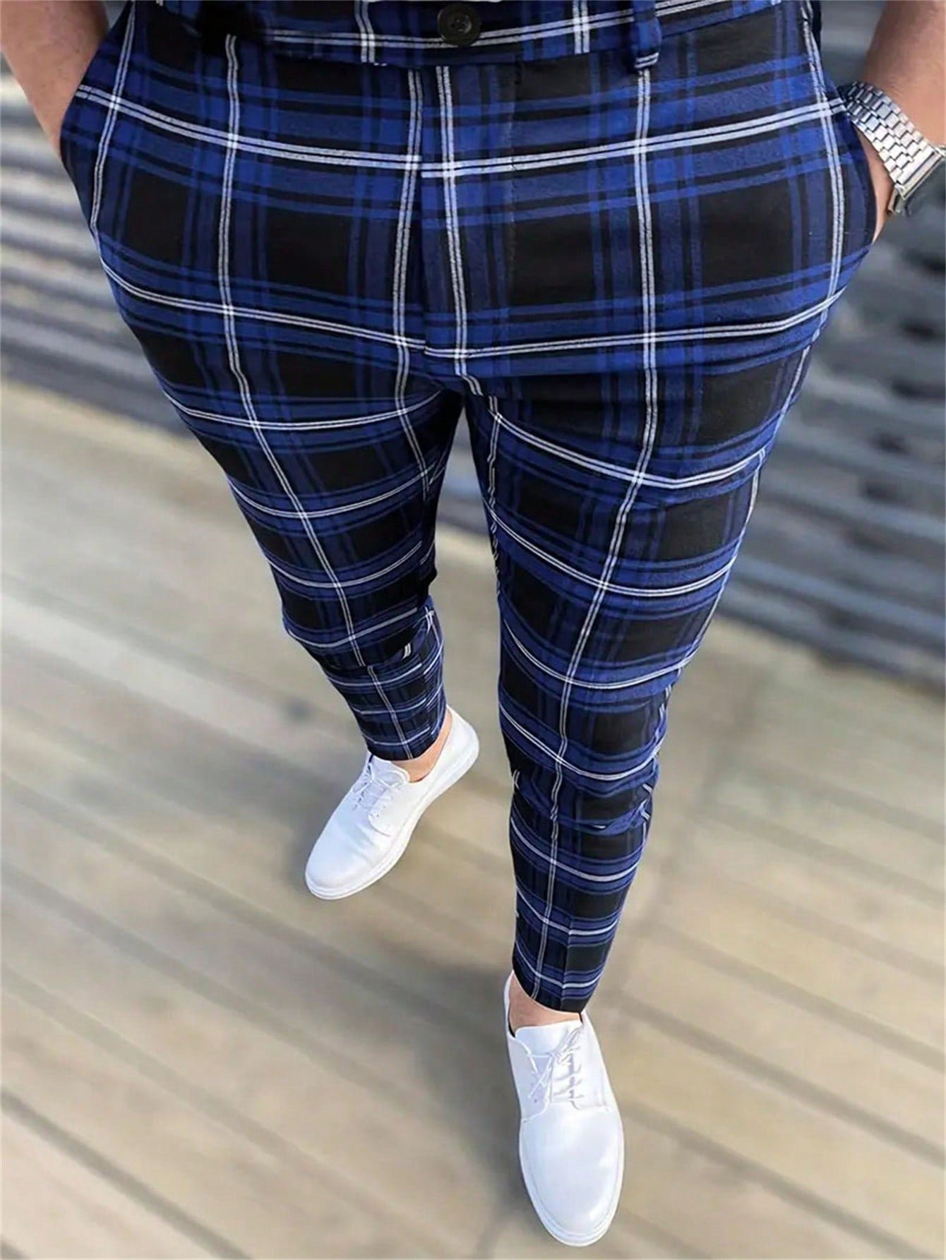 Men Plaid Print Slant Pocket Suit Pants