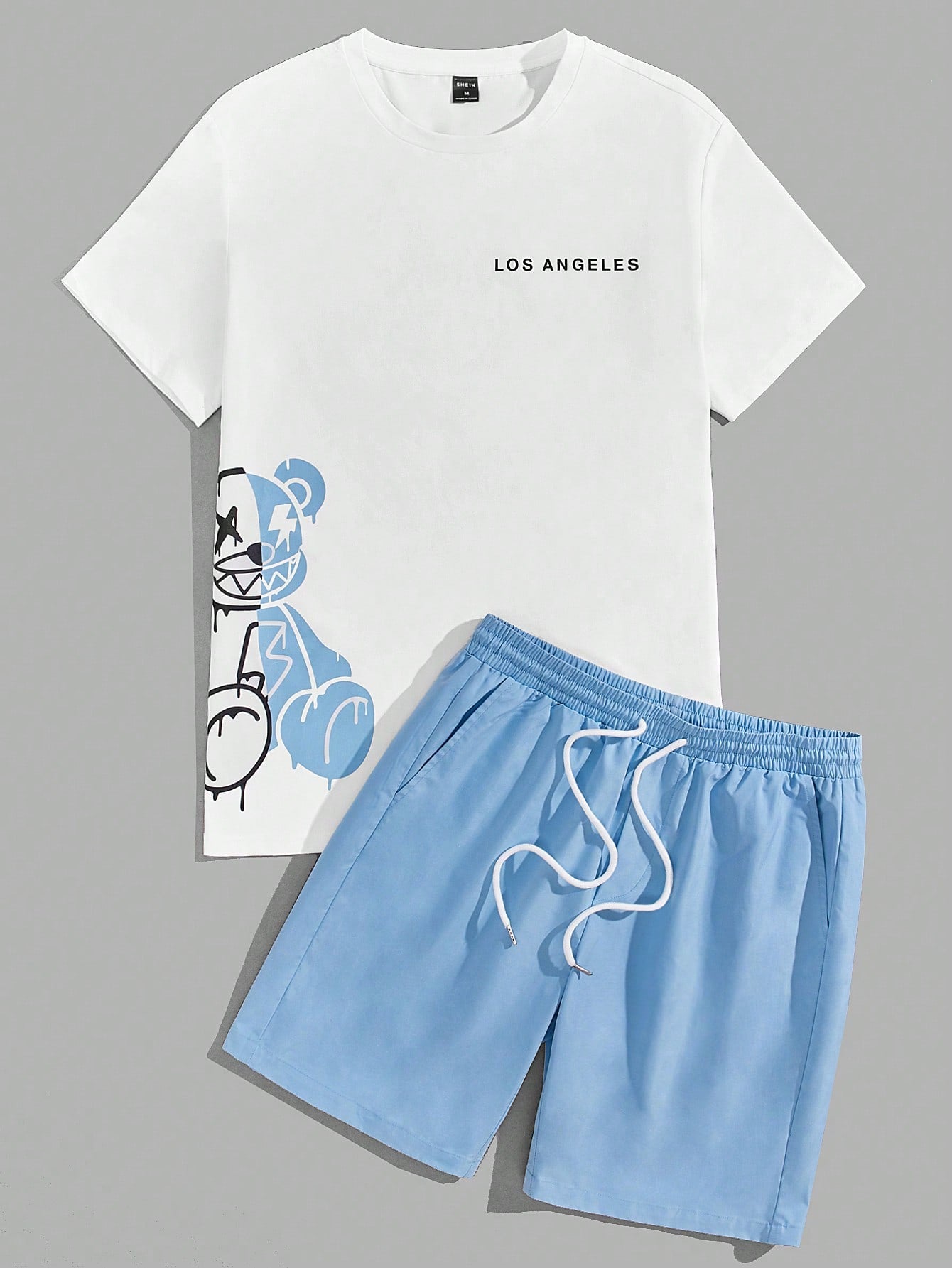 Men Bear & Letter Graphic Tee & Drawstring Waist Shorts