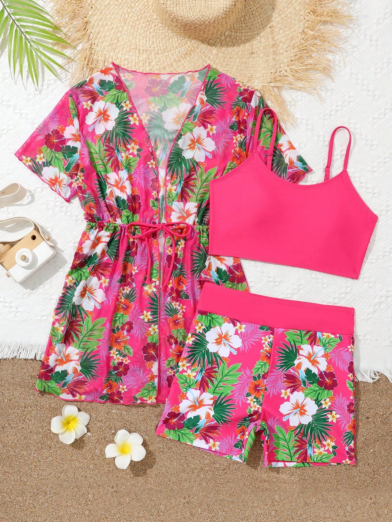 Teen Girl Tropical Print Bikini Sets With Kimono