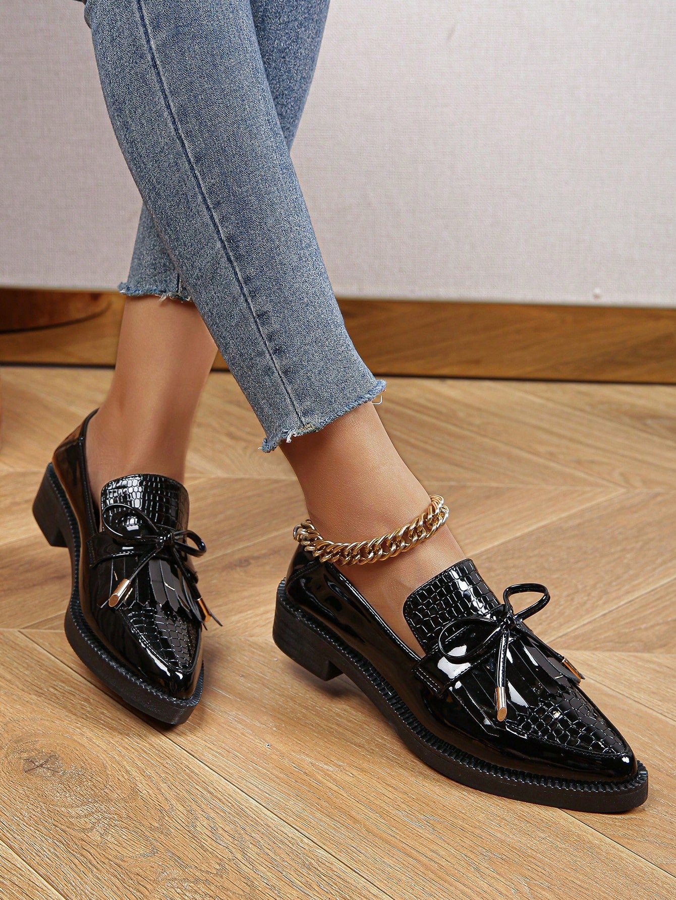 Women's Fringed Black Mary Jane Shoes With Thick Soles, Pointed Toes And Chunky Heels