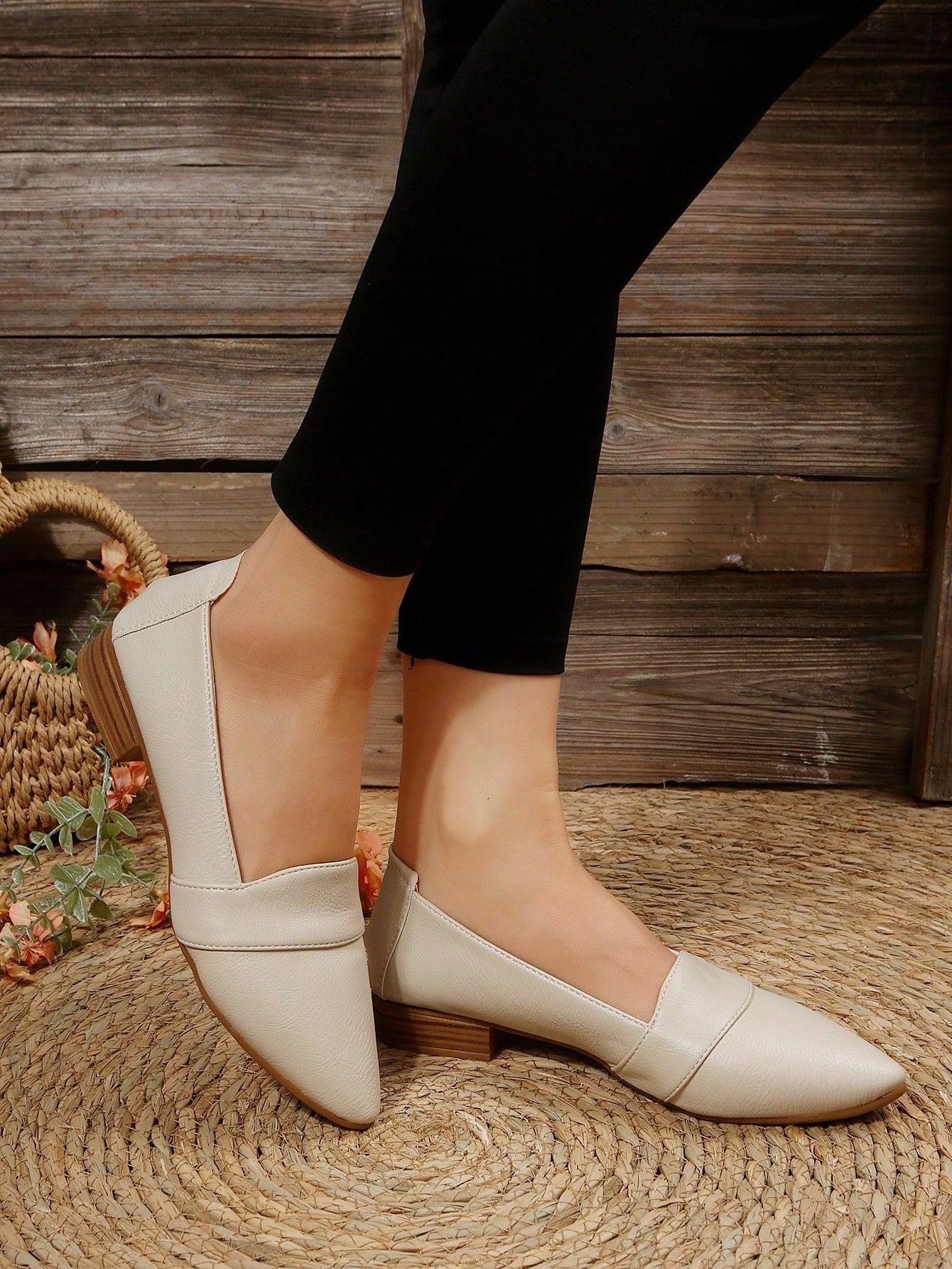 Women Beige Flats, Elegant Point Toe Slip On Flats For Outdoor