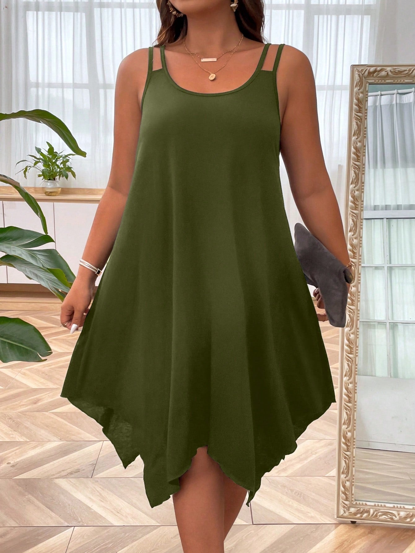 Plus Solid Asymmetrical Hem Cami Dress