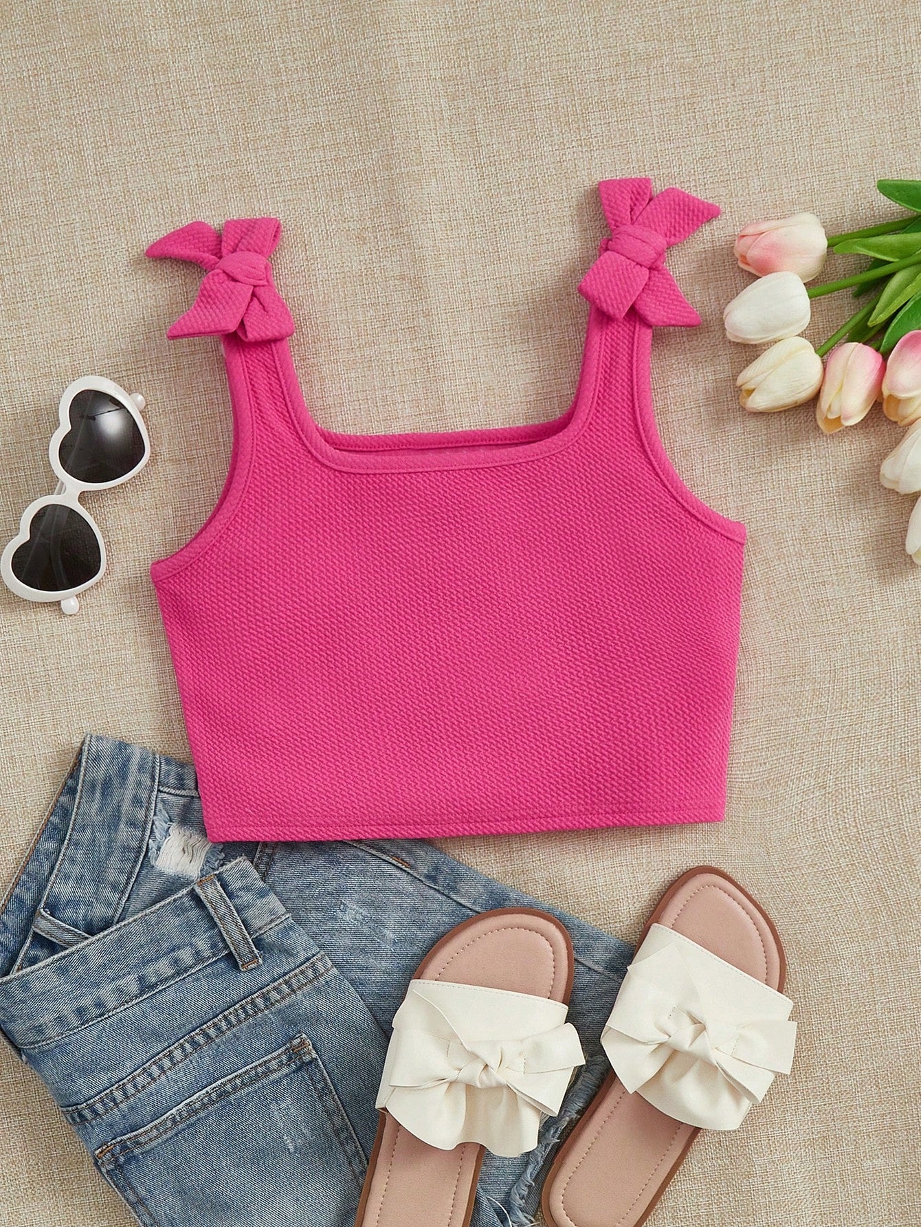 Young Girls' Sweet And Cute Square Neckline Knit Jacquard Bow Decoration Tank Top For Summer