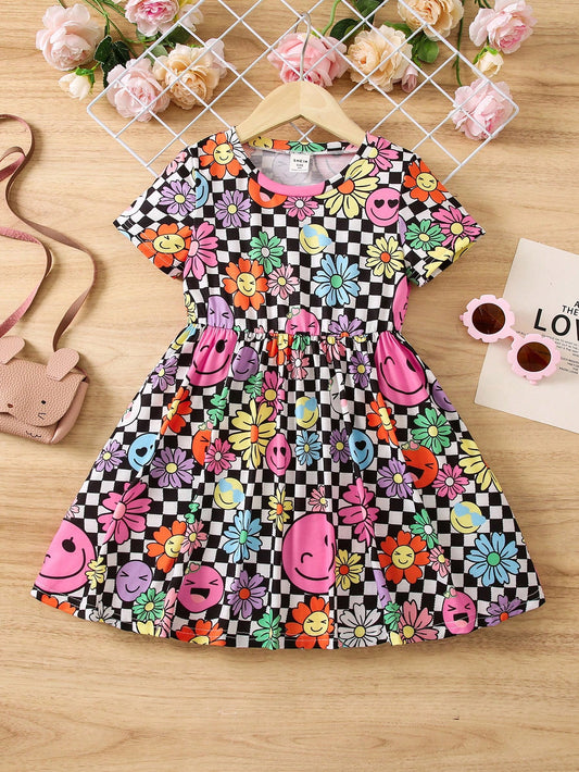 Young Girl Floral & Checker Print Dress