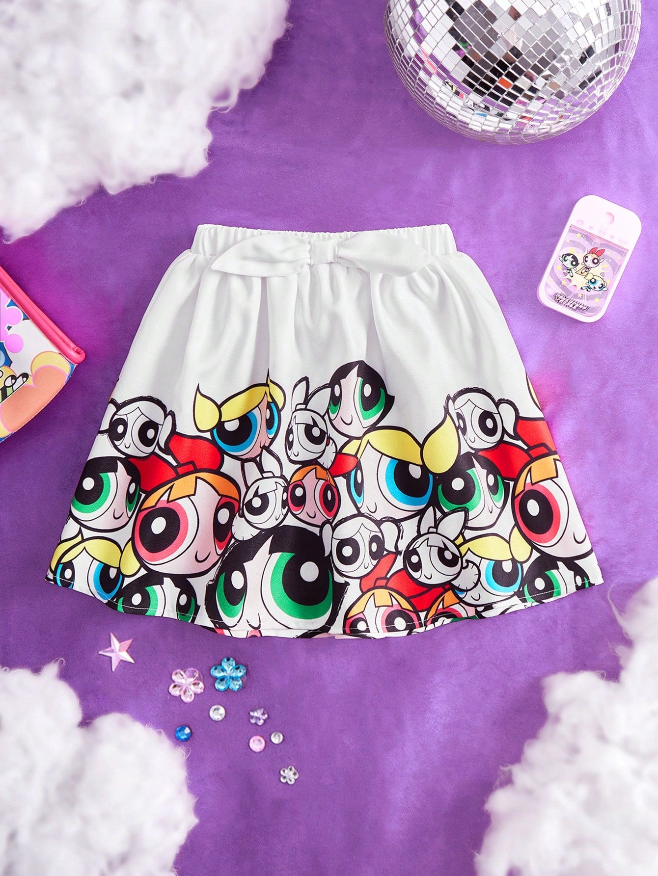 Young Girl Cartoon Graphic Bow Front Skirt