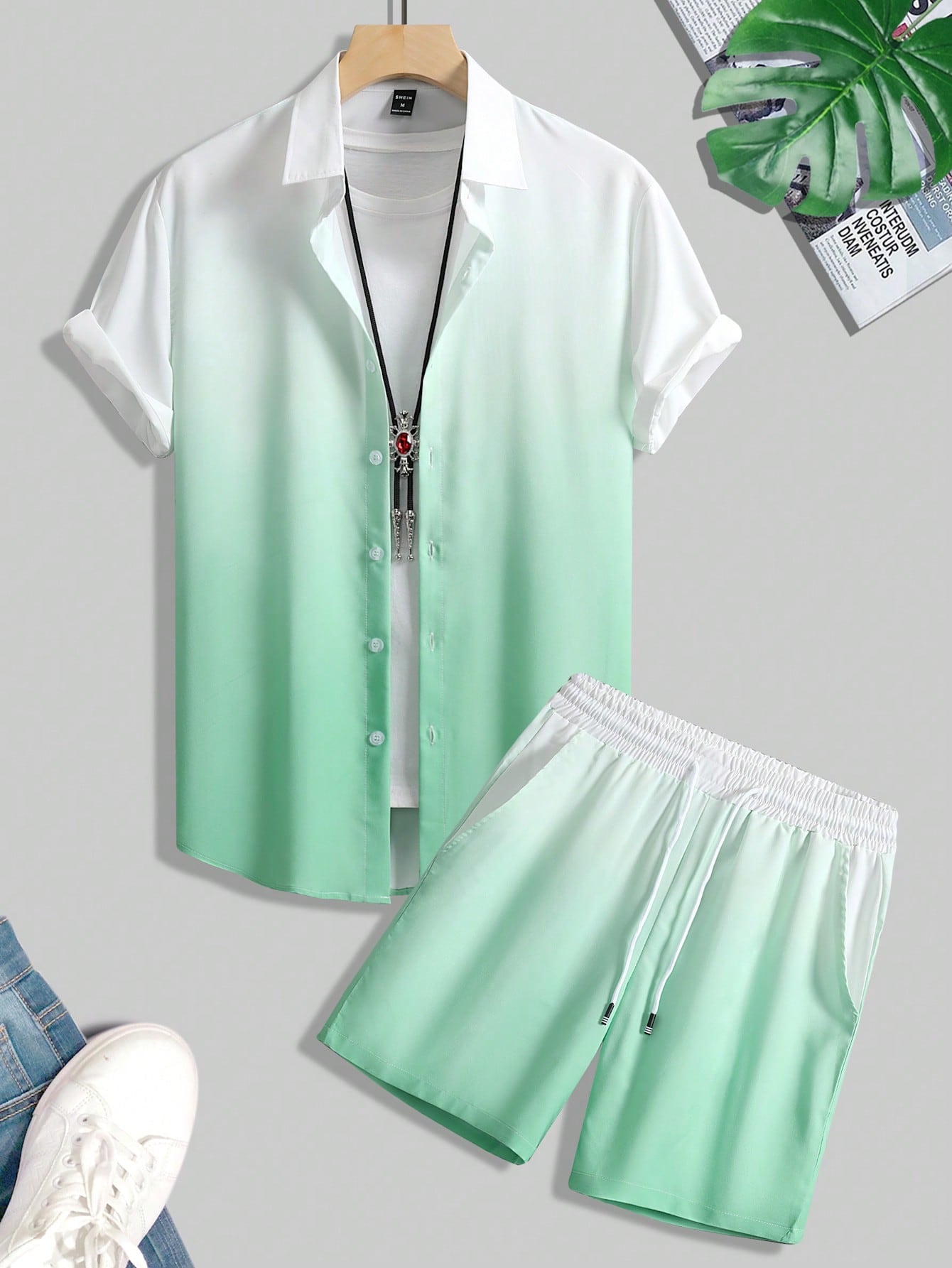 Men Ombre Shirt & Drawstring Waist Shorts