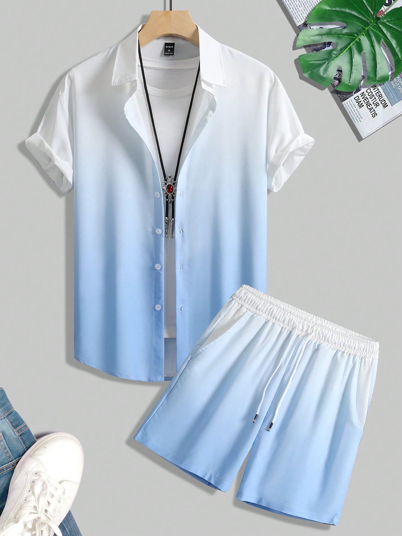 Men Ombre Shirt & Drawstring Waist Shorts