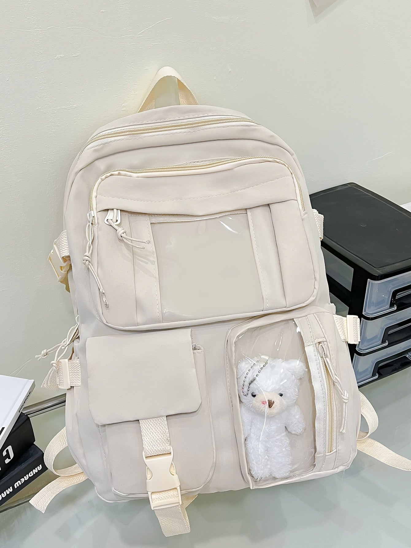 Cute Student Schoolbag, Large Capacity Zipper Simple Schoolbag With Bear Schoolbag For Elementary Students Female Middle School Students High School Students Large Capacity Shoulder Schoolbag Fashion Casual Campus Pairing Computer Schoolbag Female Schoolb