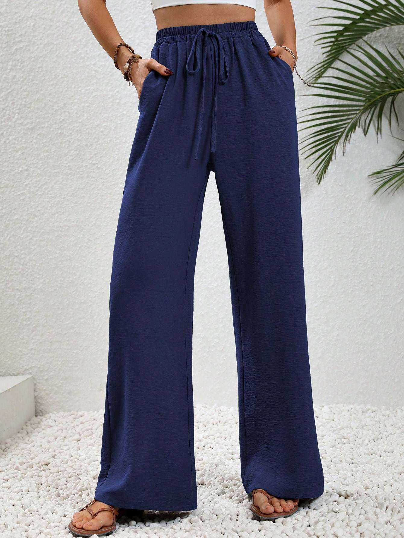 Women's Solid Color Waist-Tied Straight-Legged Wide Casual Pants With Pockets