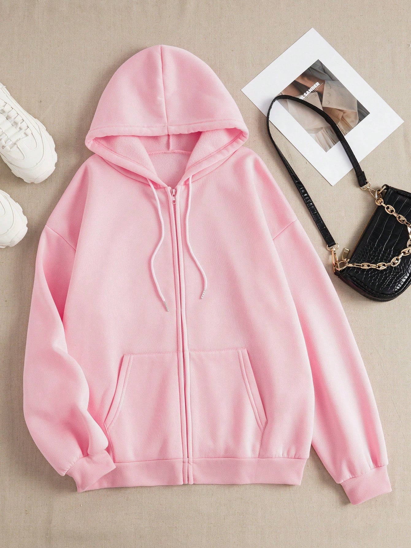 Solid Drop Shoulder Zip Up Drawstring Hoodie