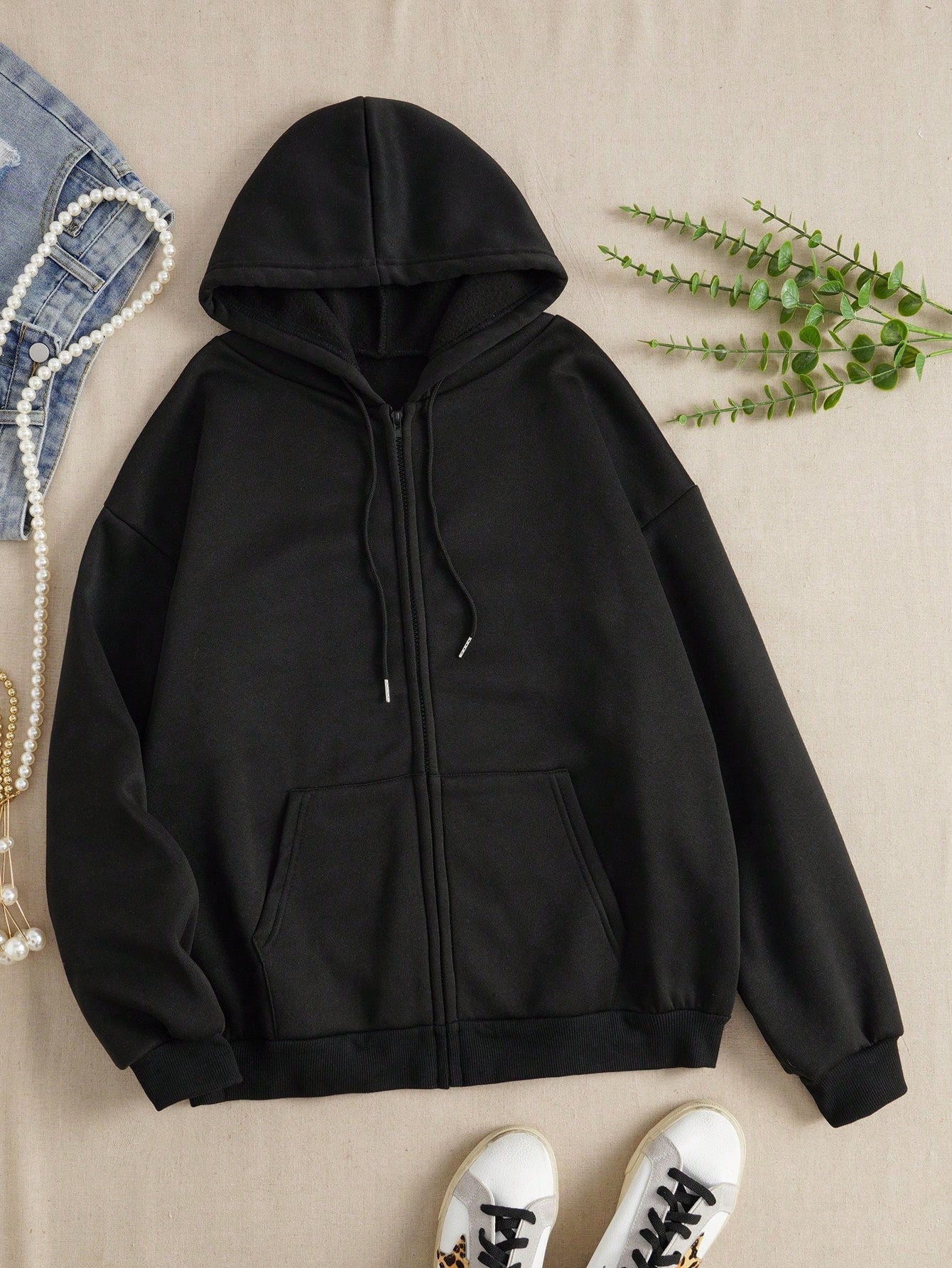 Zip Up Drawstring Thermal Lined Hoodie