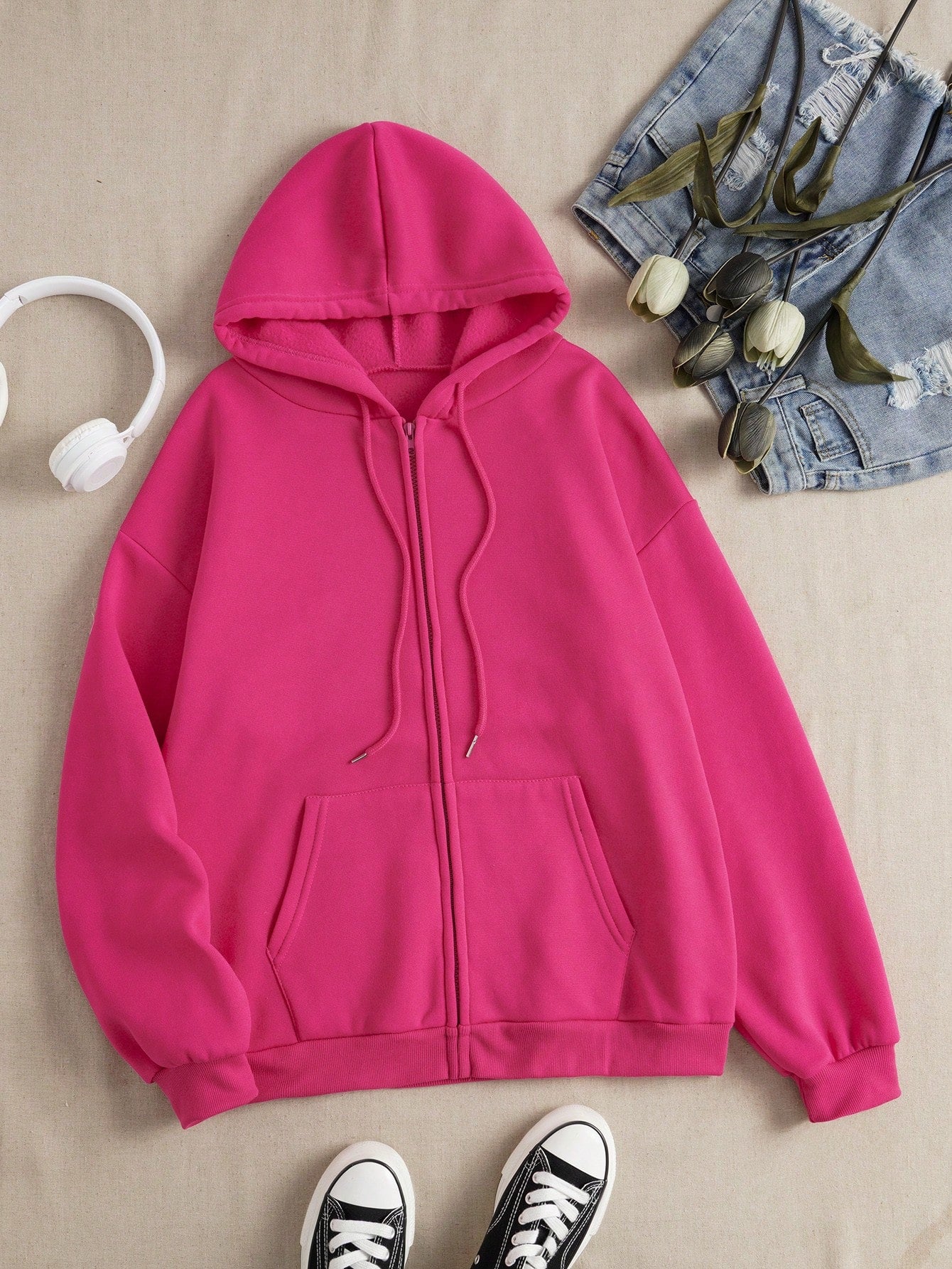 Solid Drop Shoulder Zip Up Drawstring Hoodie