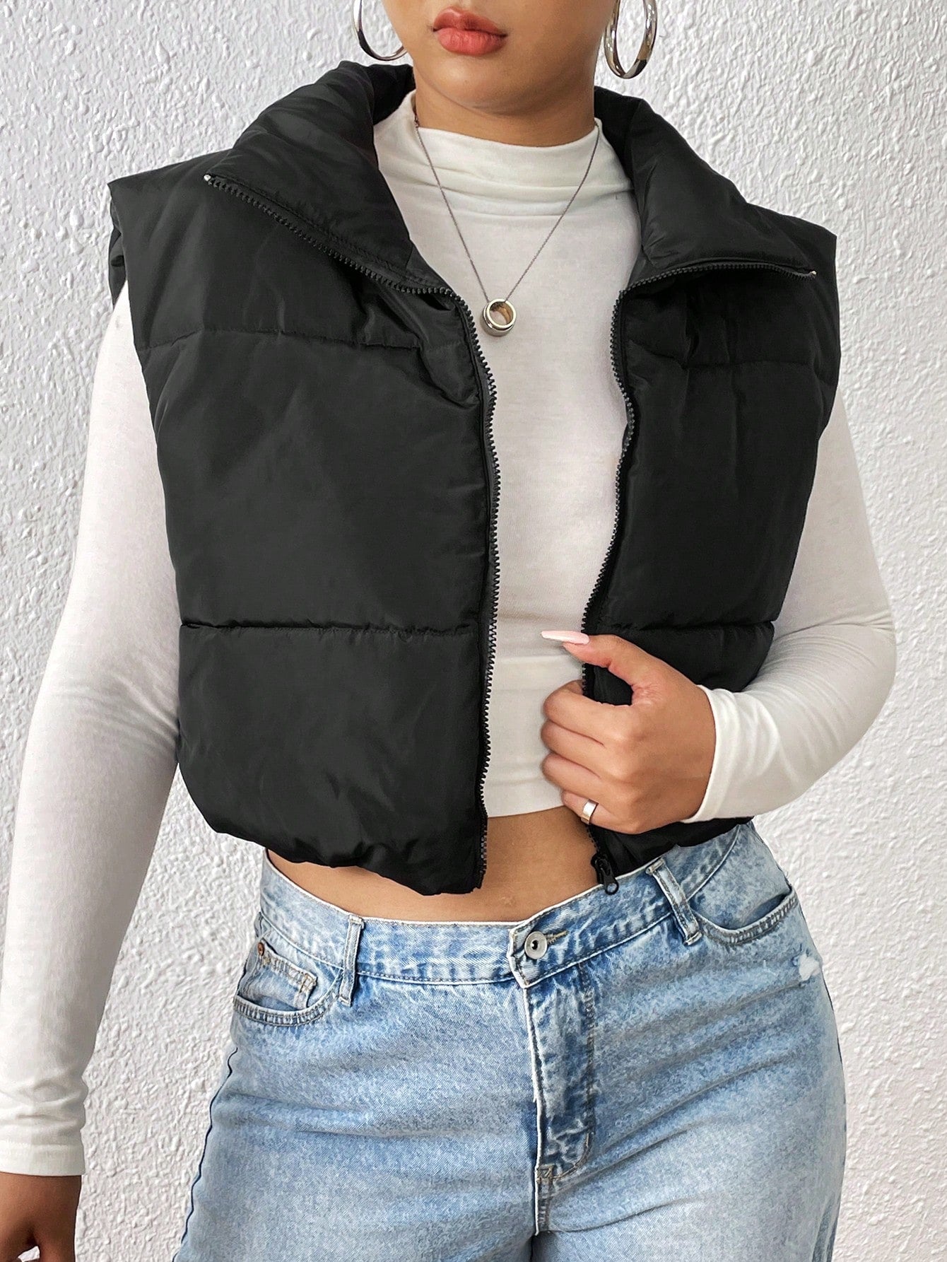 Plus Zip Up Crop Vest Puffer Coat