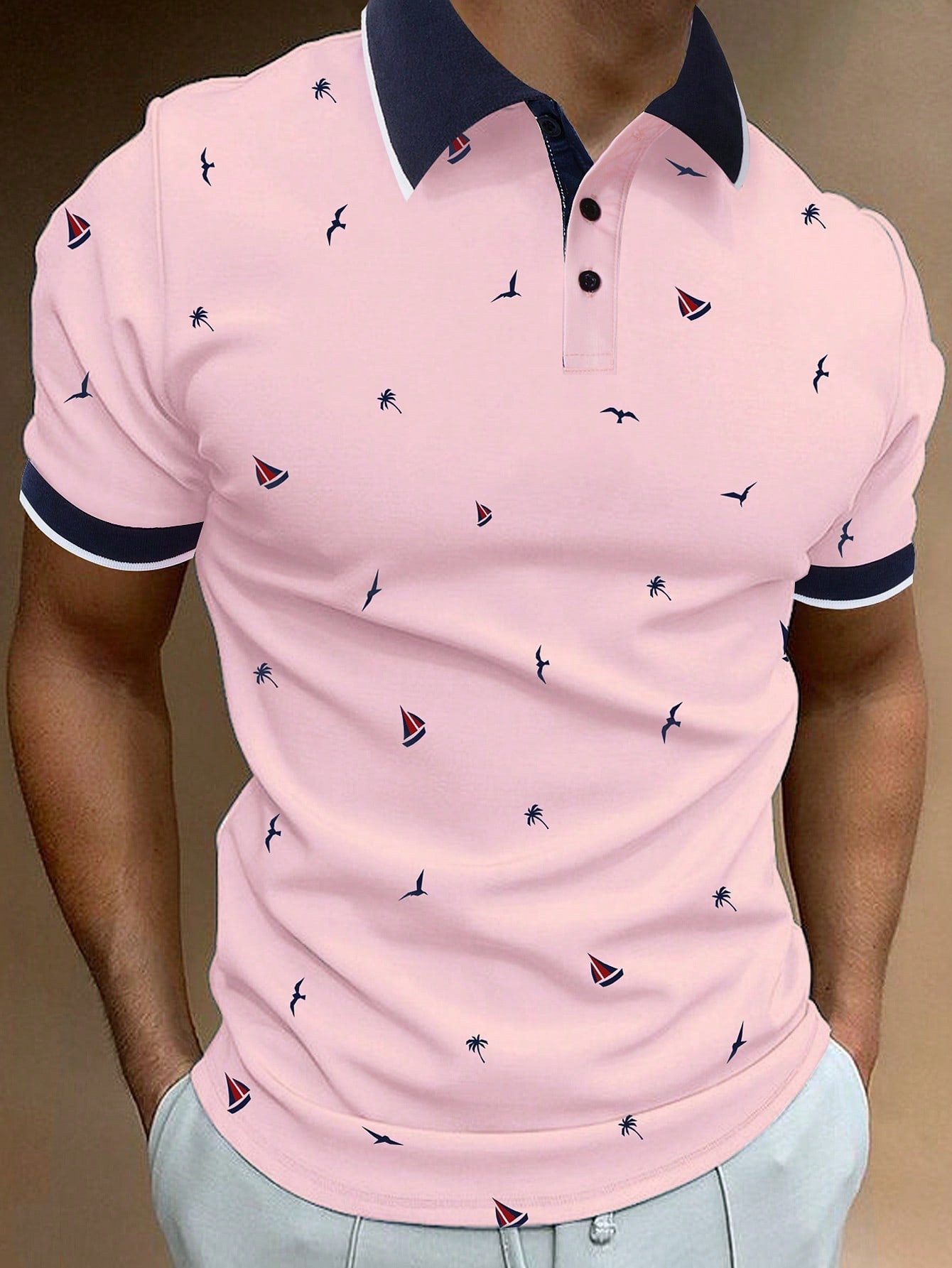 Men Allover Print Contrast Trim Polo Shirt