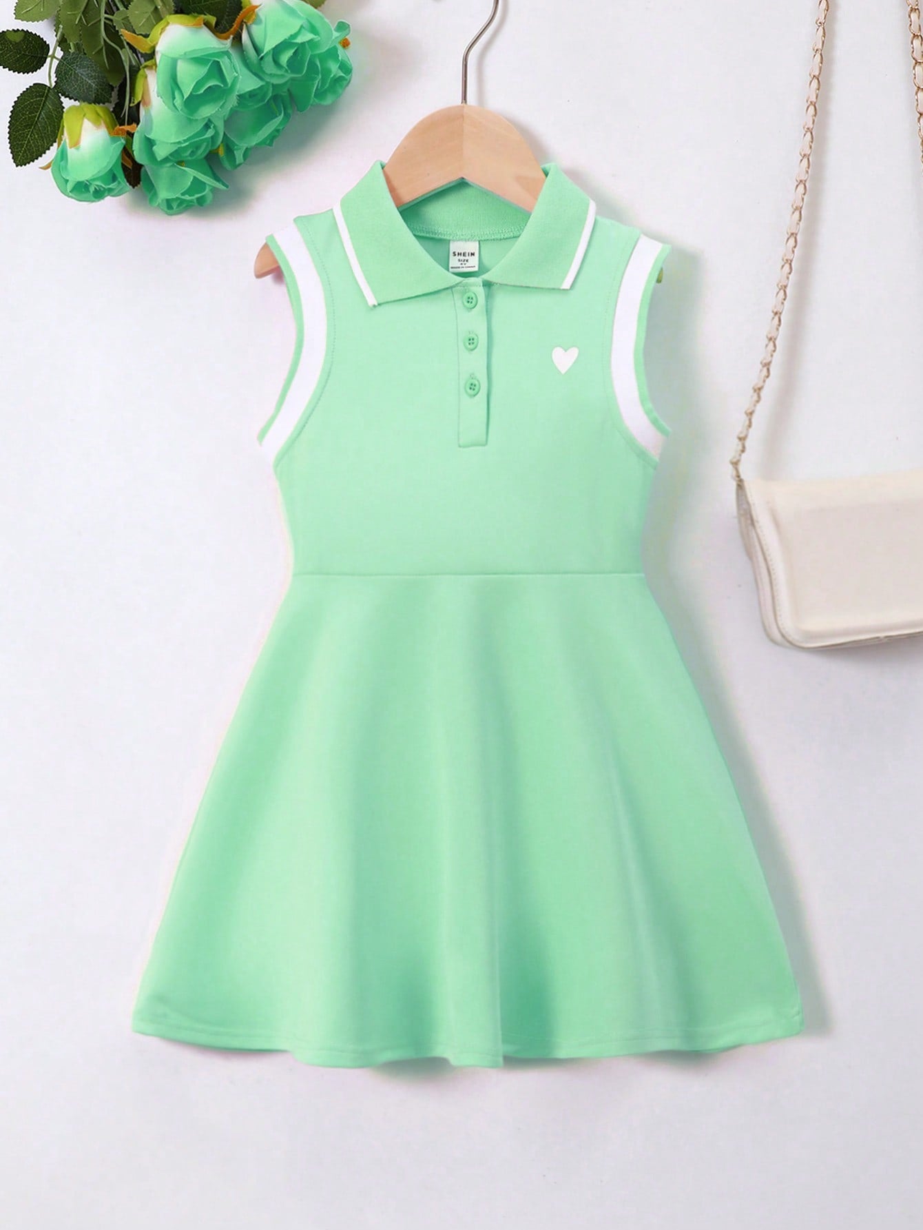 Kids Young Girl Preppy-Style Heart-Shaped Printed Striped Polo Collar Sleeveless Dress, Summer