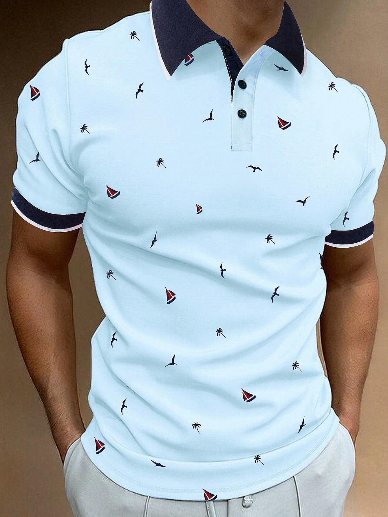 Men Allover Print Contrast Trim Polo Shirt