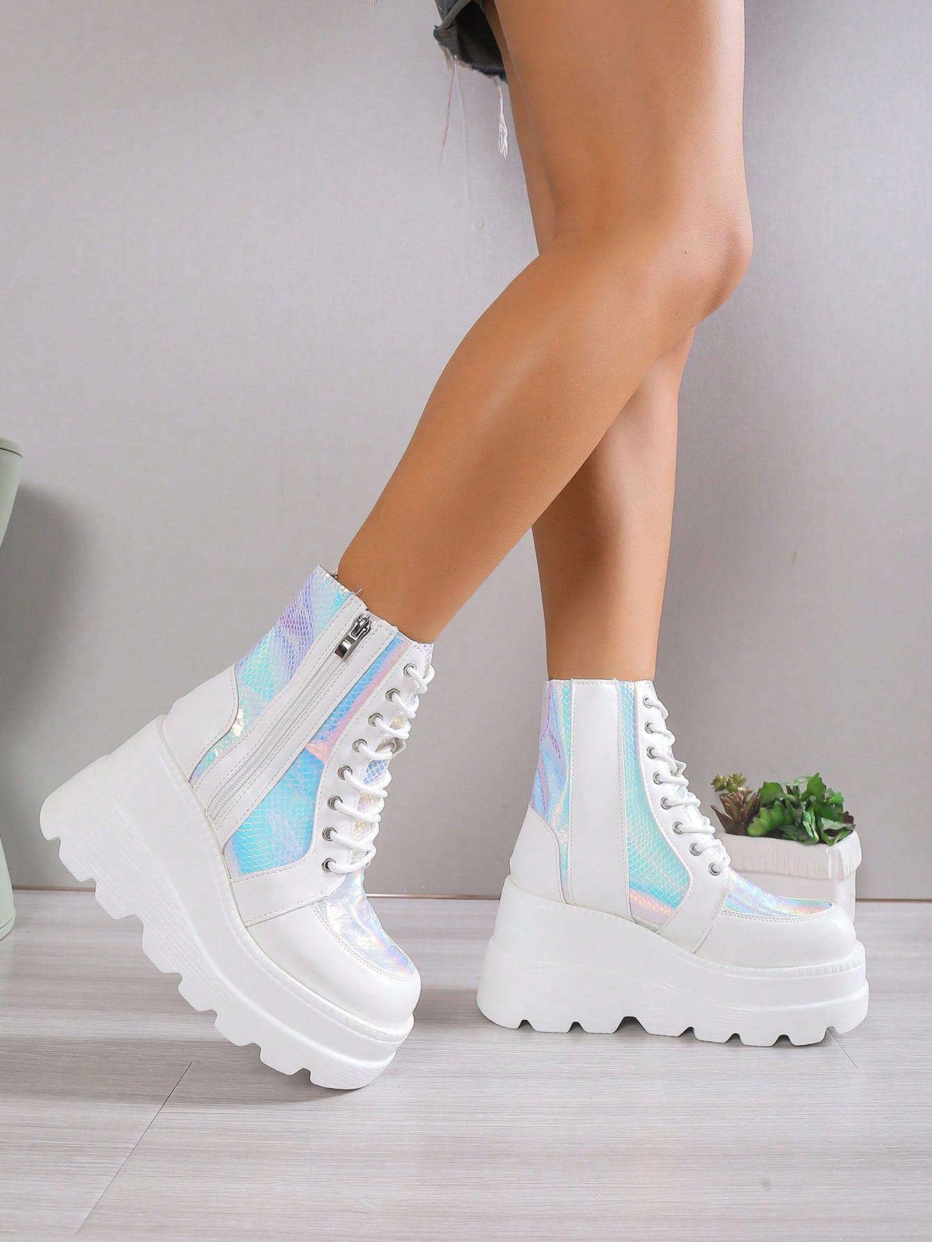 Punk Women Holographic Lace-up Front Zipper Side Wedge Boots, Funky Outdoor Boots